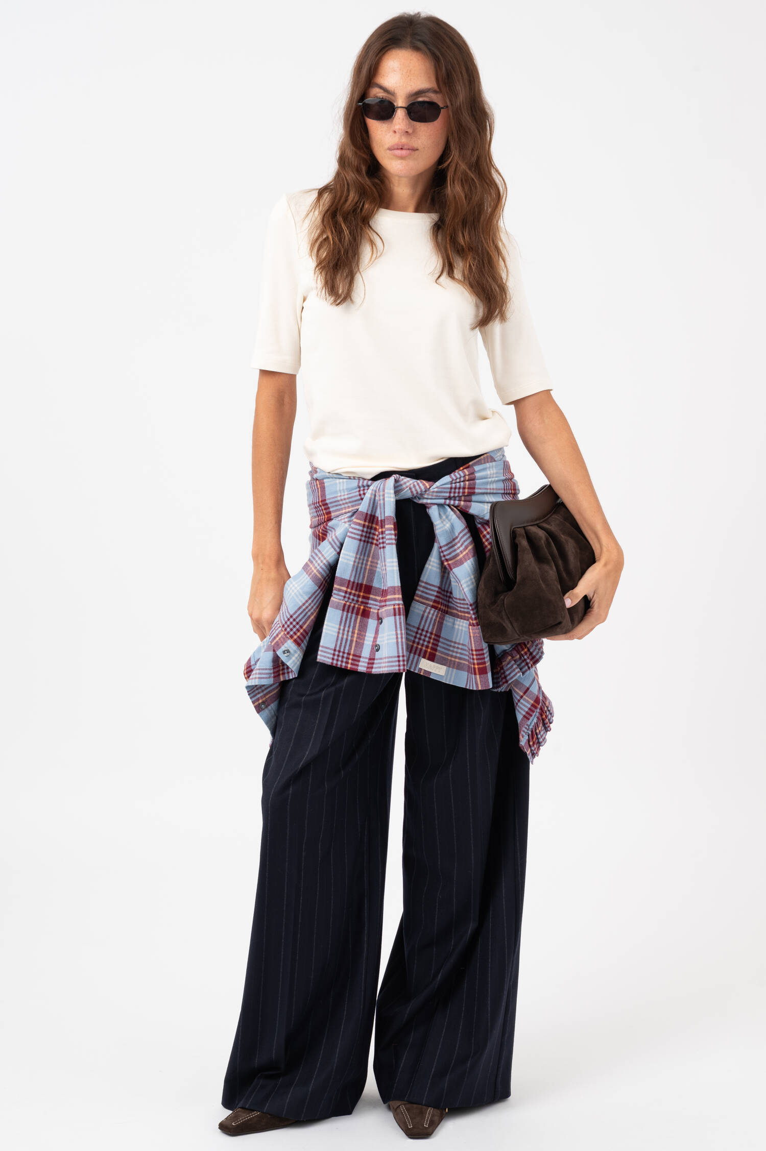 Karo Flannel Bluse mit Volants in Hellblau/Burgund