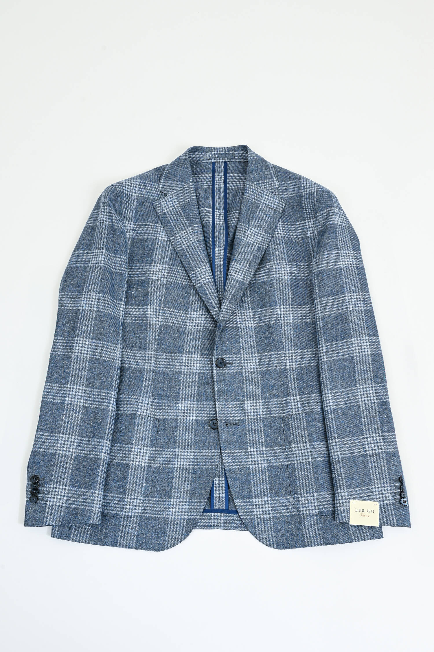 Karriertes Sakko aus Woll-Leinen-Mix in Denim Blue