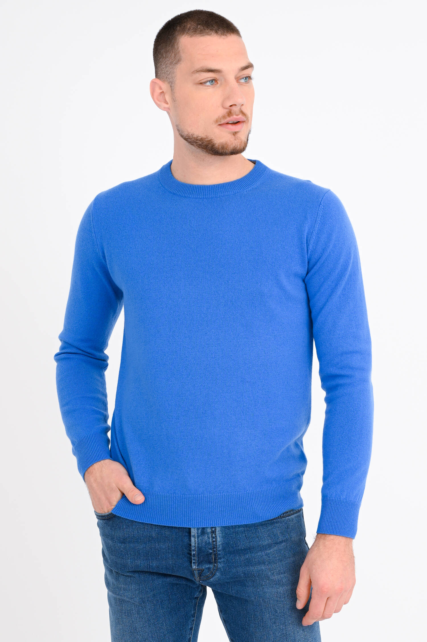 Rundhals-Pullover aus Cashmere in Mittelblau