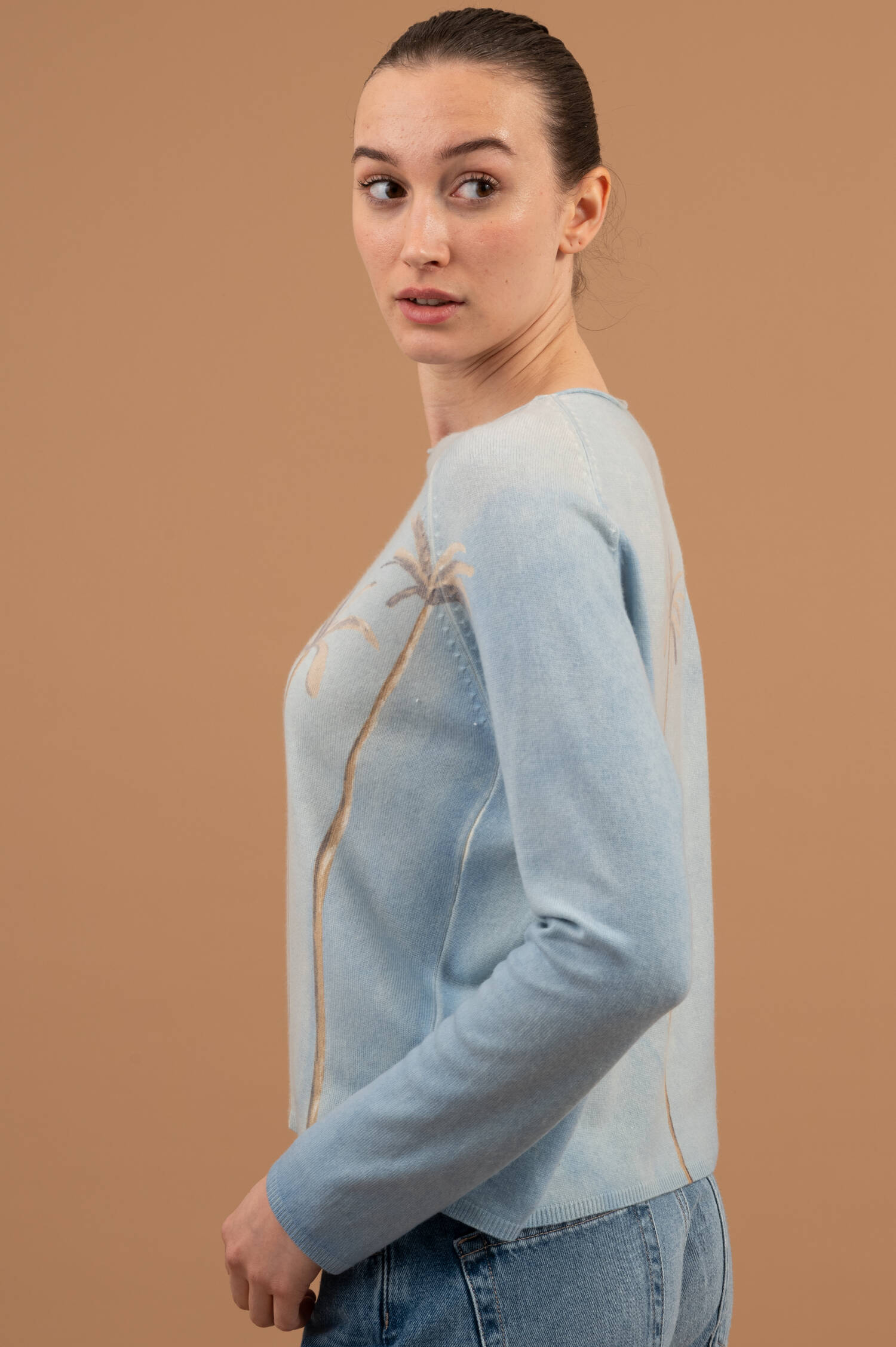 Cashmere Pullover mit Palmenmotiv in Blau