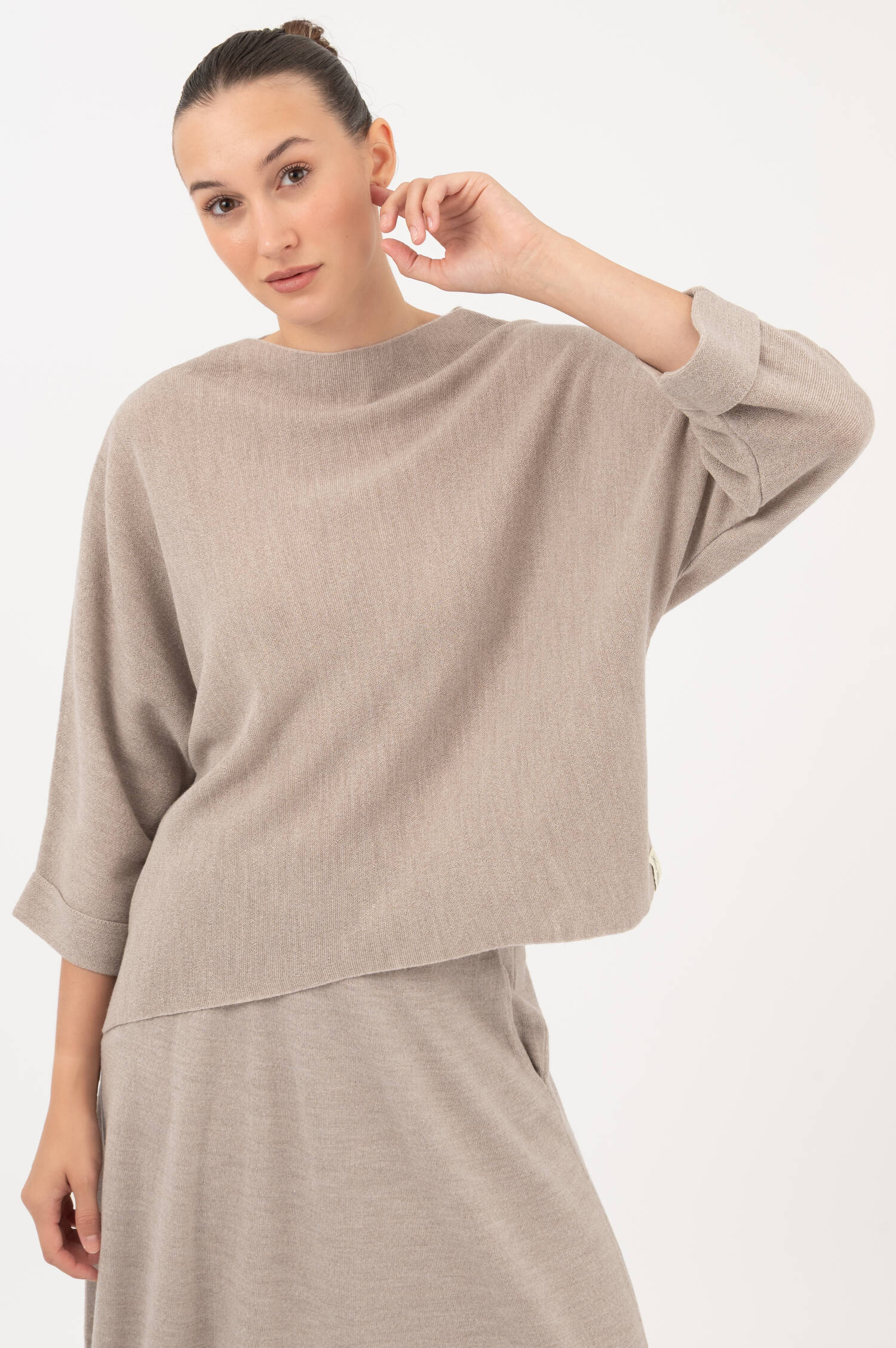 Woll-Pullover mit dezentem Stehkragen in Beige Woll-Pullover mit dezentem Stehkragen in Beige
