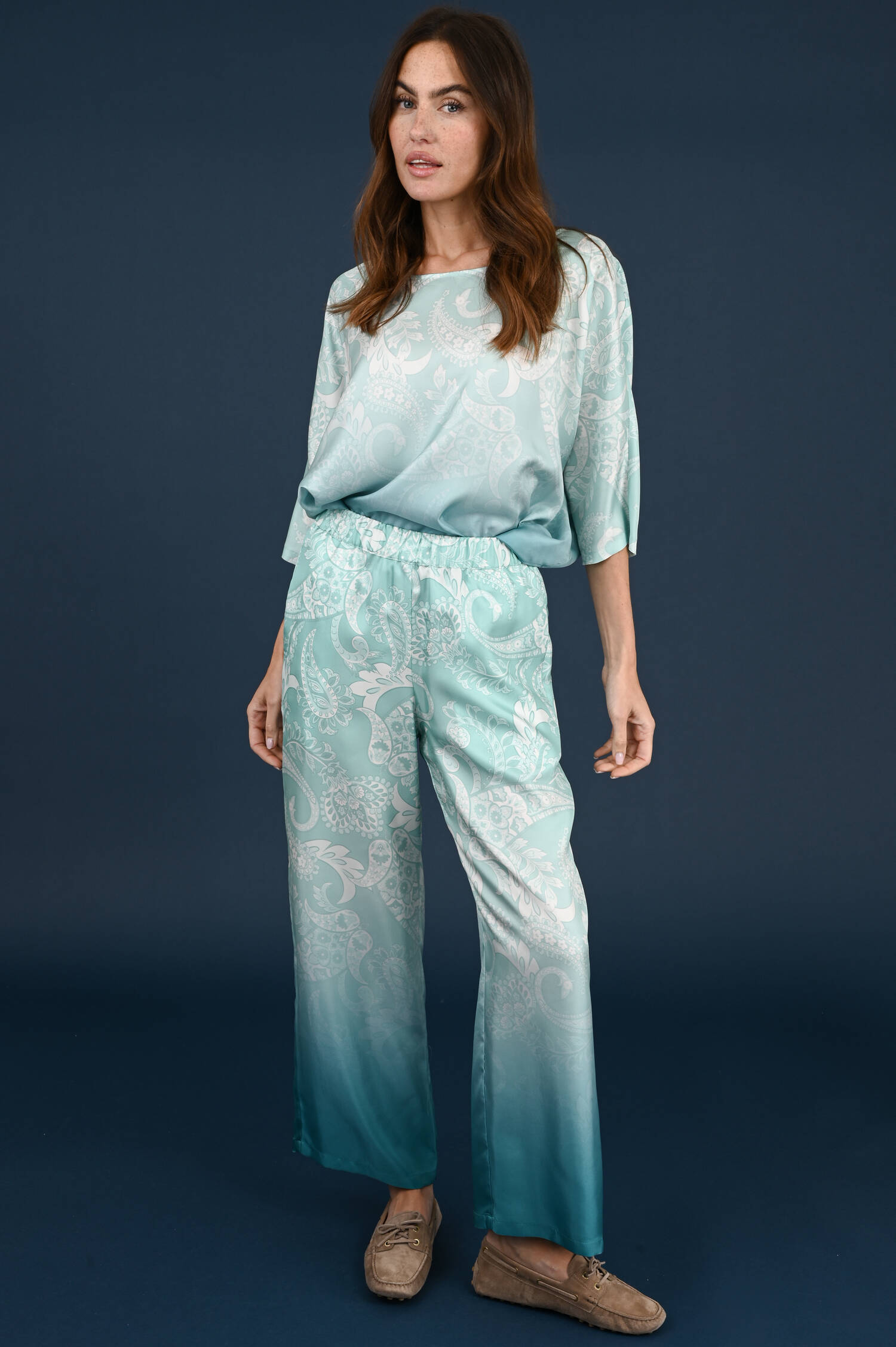 Seidenschlupfhose mit Paisley-Muster in Aquamarine