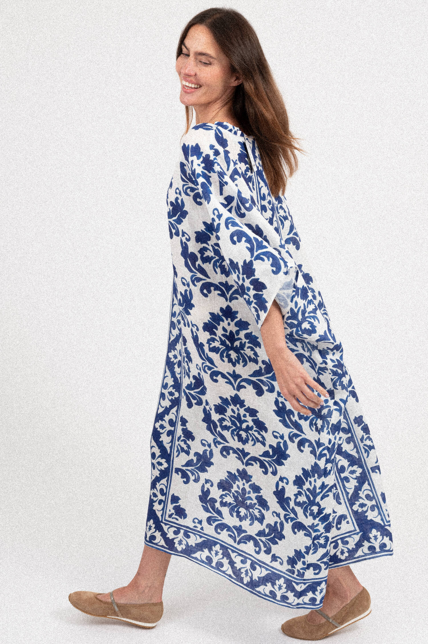 Leinen Tunika mit Print in Weiß/Blau