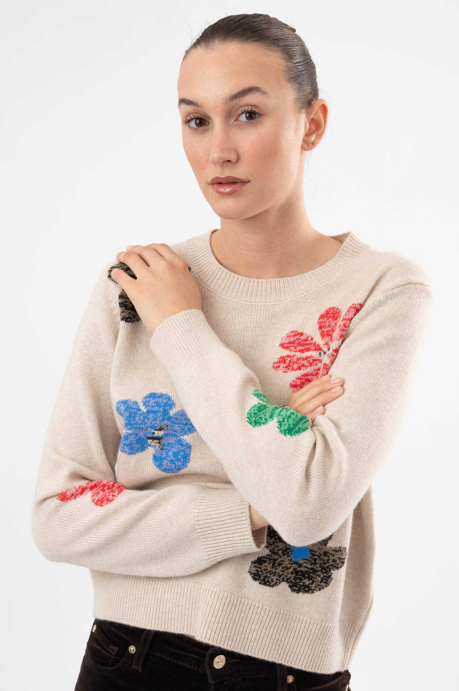 Woll-Cashmere-Pullover mit Blumen-Details in Beige Woll-Cashmere-Pullover mit Blumen-Details in Beige