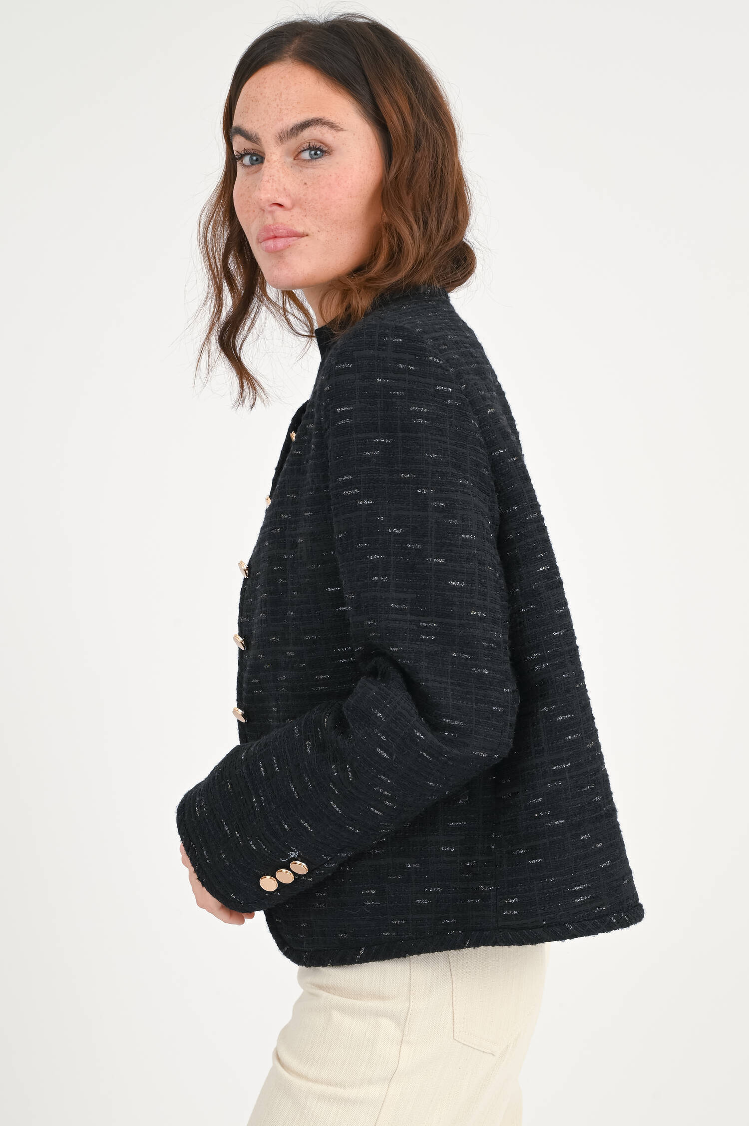 Kurze Tweed-Jacke in Shiny Black