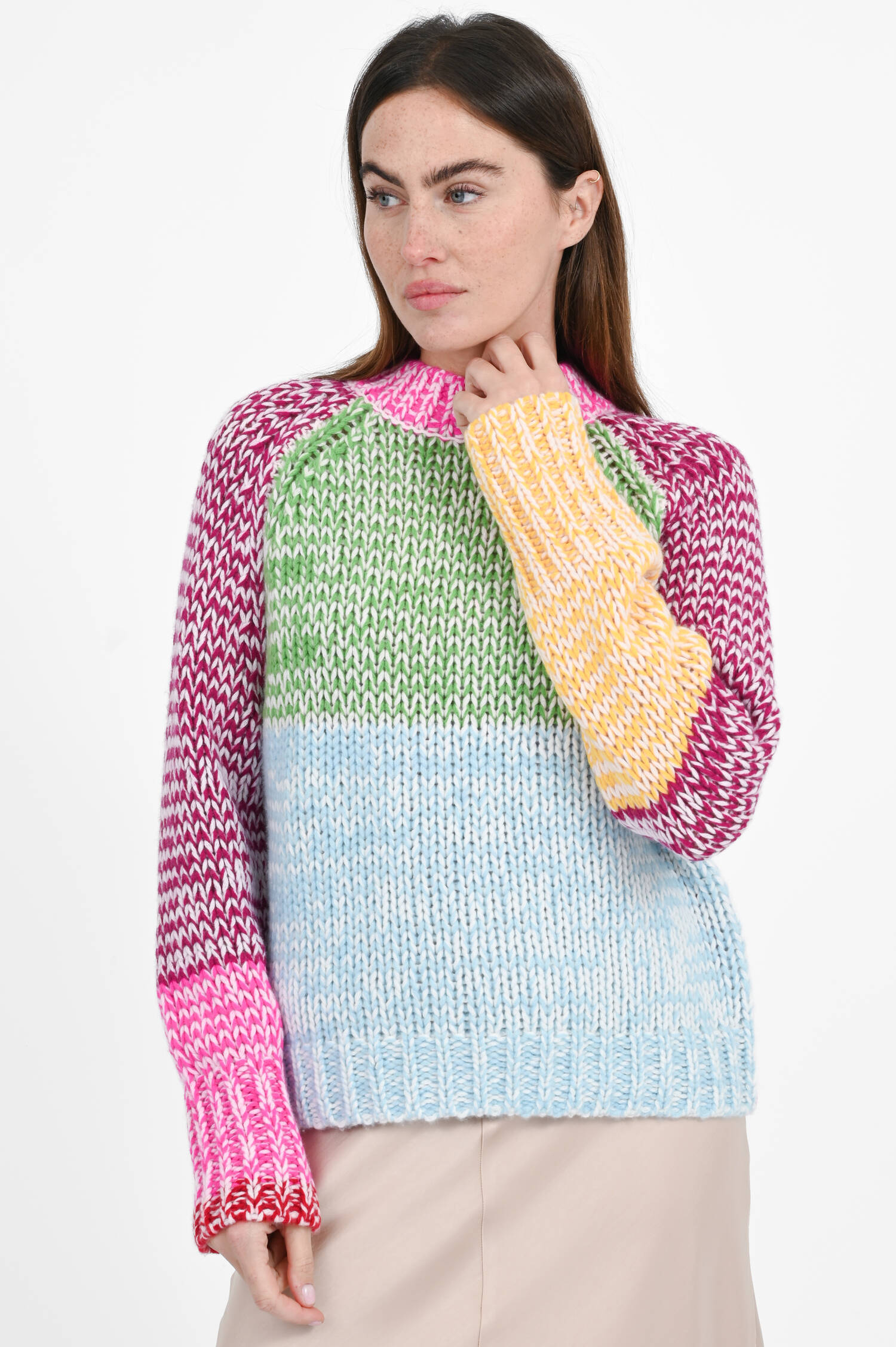 Cashmere-Strickpullover in Grün/Blau/Pink