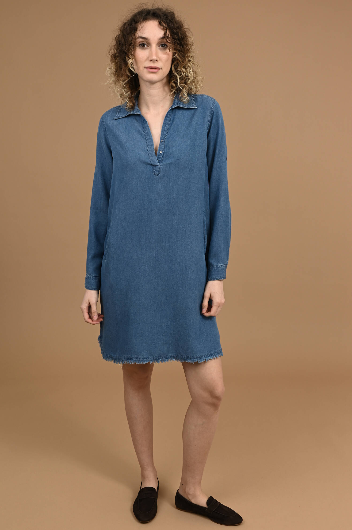 Hemdblusenkleid in Washed Denim Blau