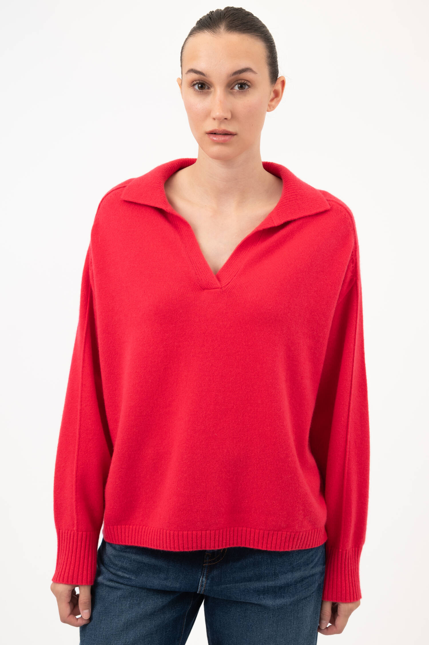 Woll-Cashmere-Pullover mit Polokragen in Himbeer Woll-Cashmere-Pullover mit Polokragen in Himbeer