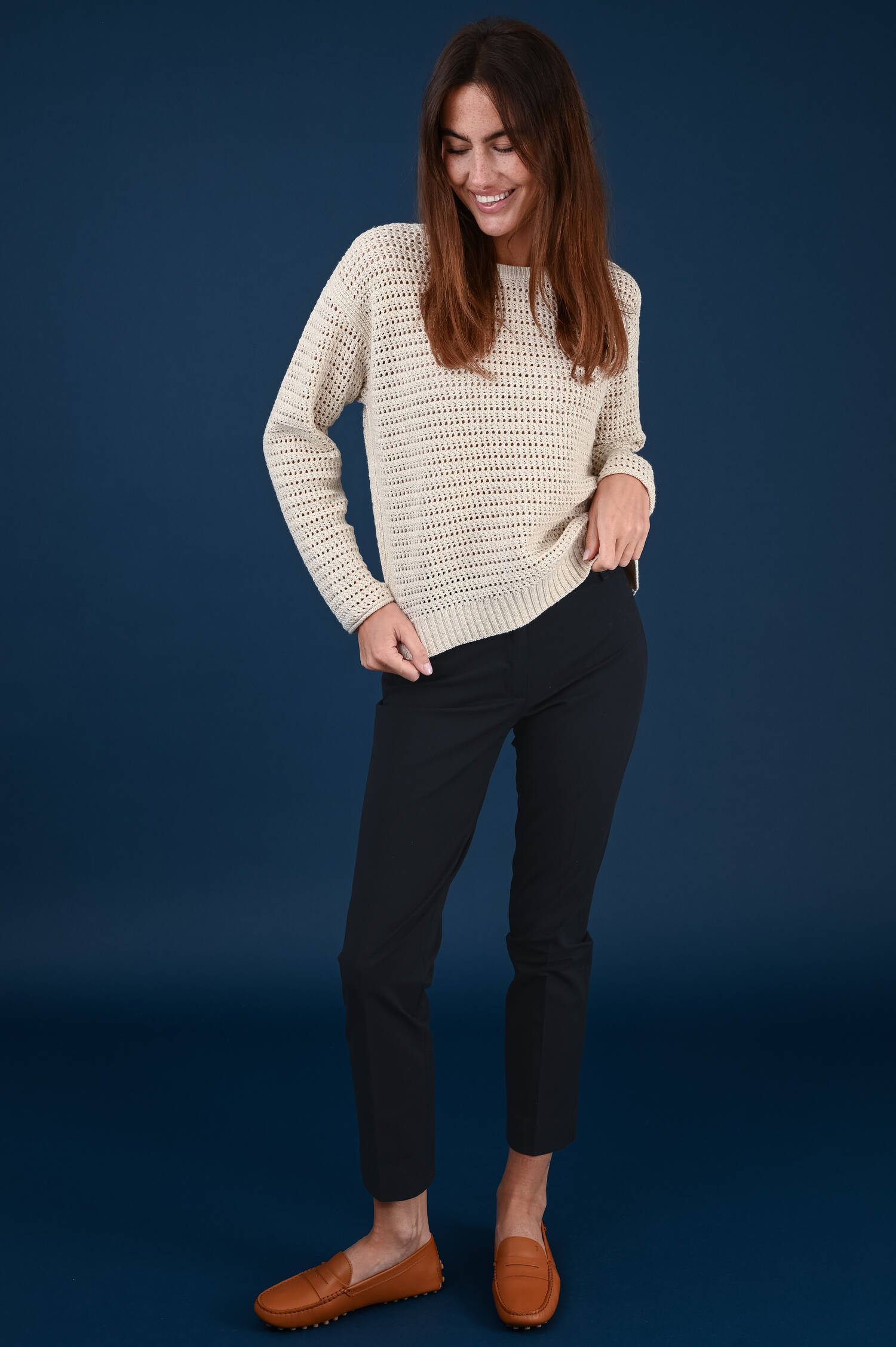 Lochstrickpullover mit Glitzerfinish in Ivorybeige