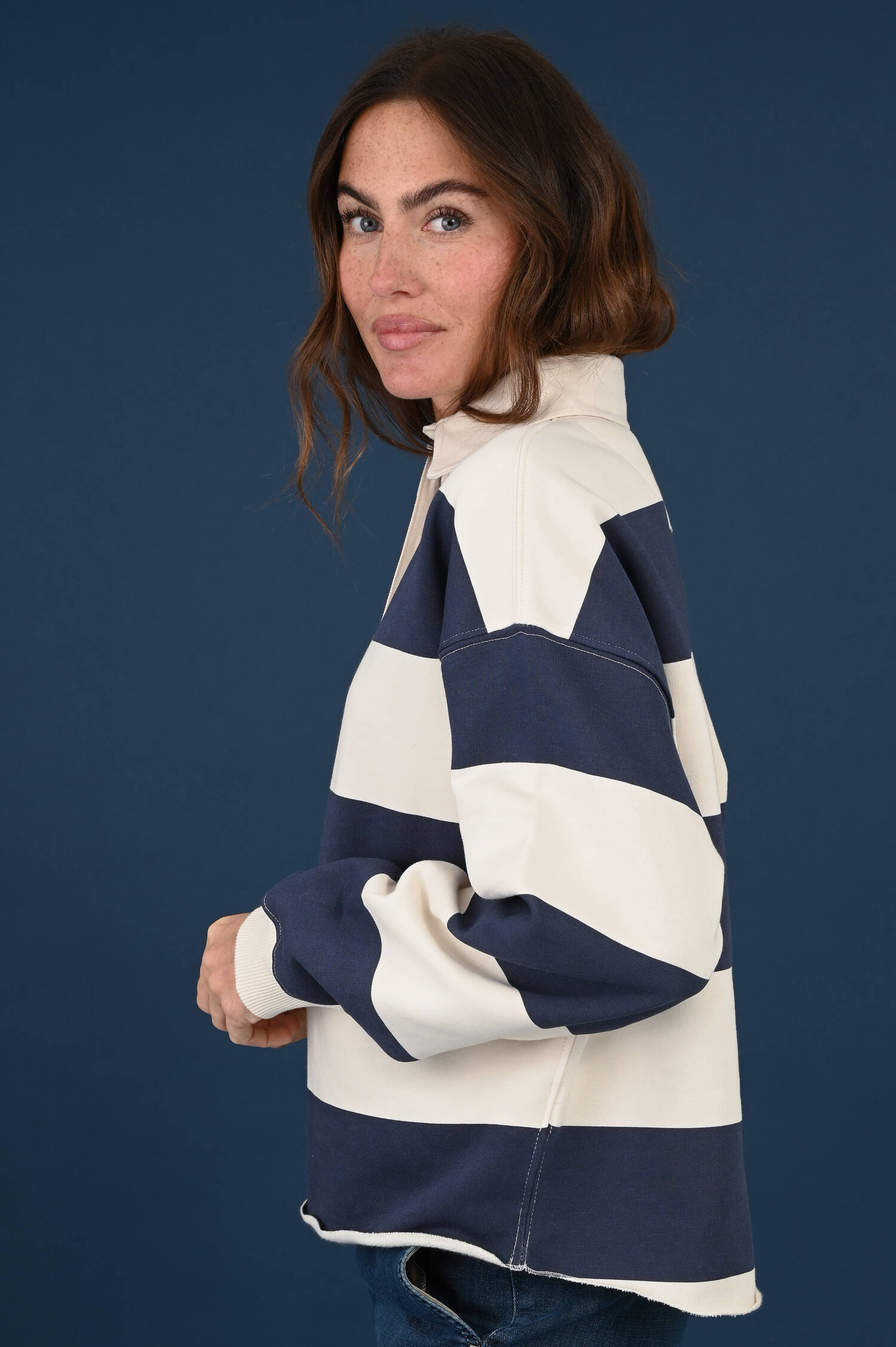 Polosweater in Ecru/Navy gestreift Polosweater in Ecru/Navy gestreift