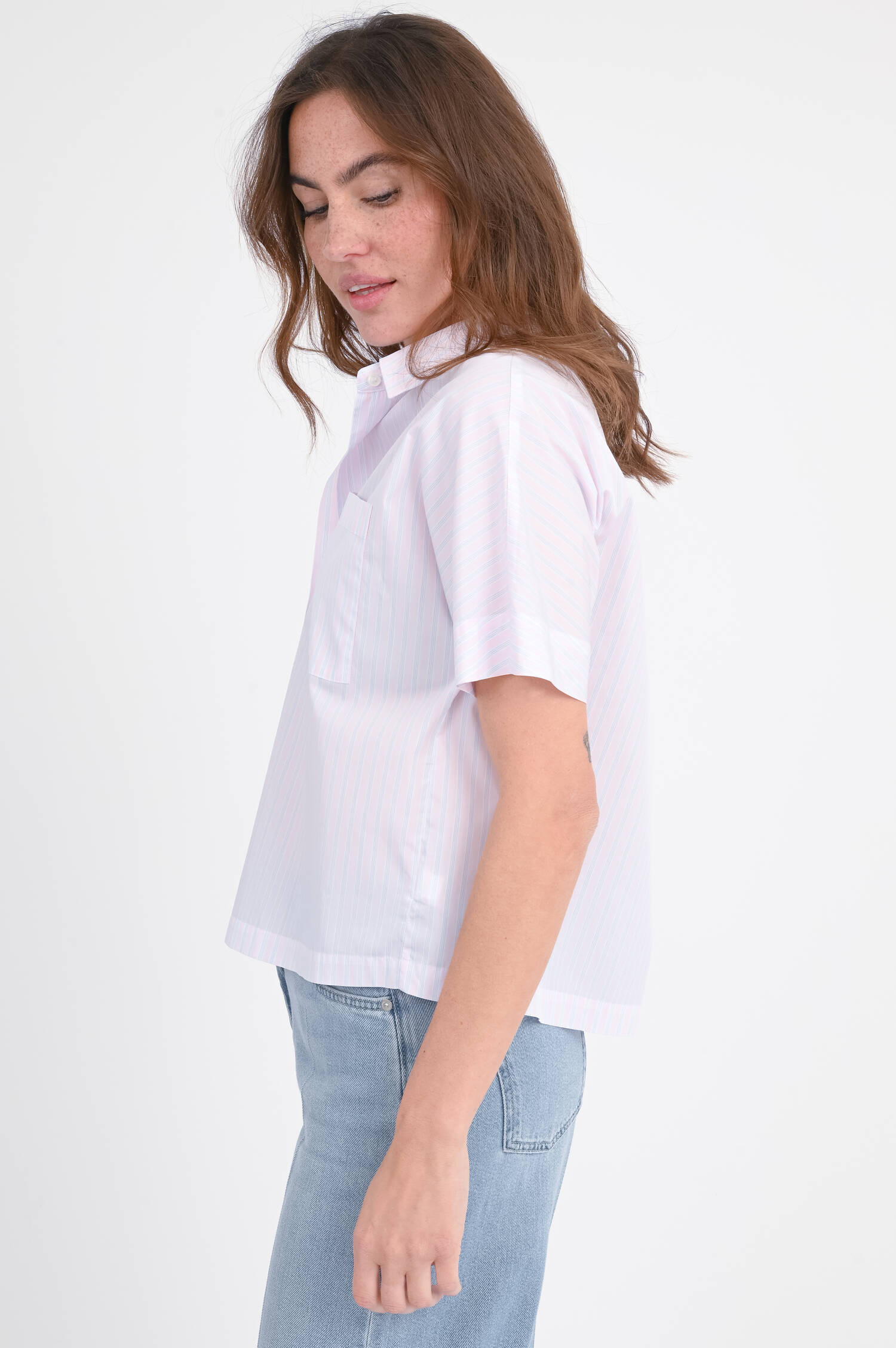 Kurzarm-Bluse ALICIA in Rosa/Weiß/Blau gestreift