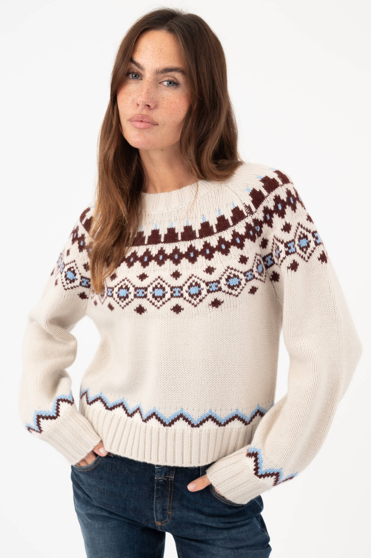 Woll-Cashmere-Pullover mit Norwegermuster in Beige Woll-Cashmere-Pullover mit Norwegermuster in Beige