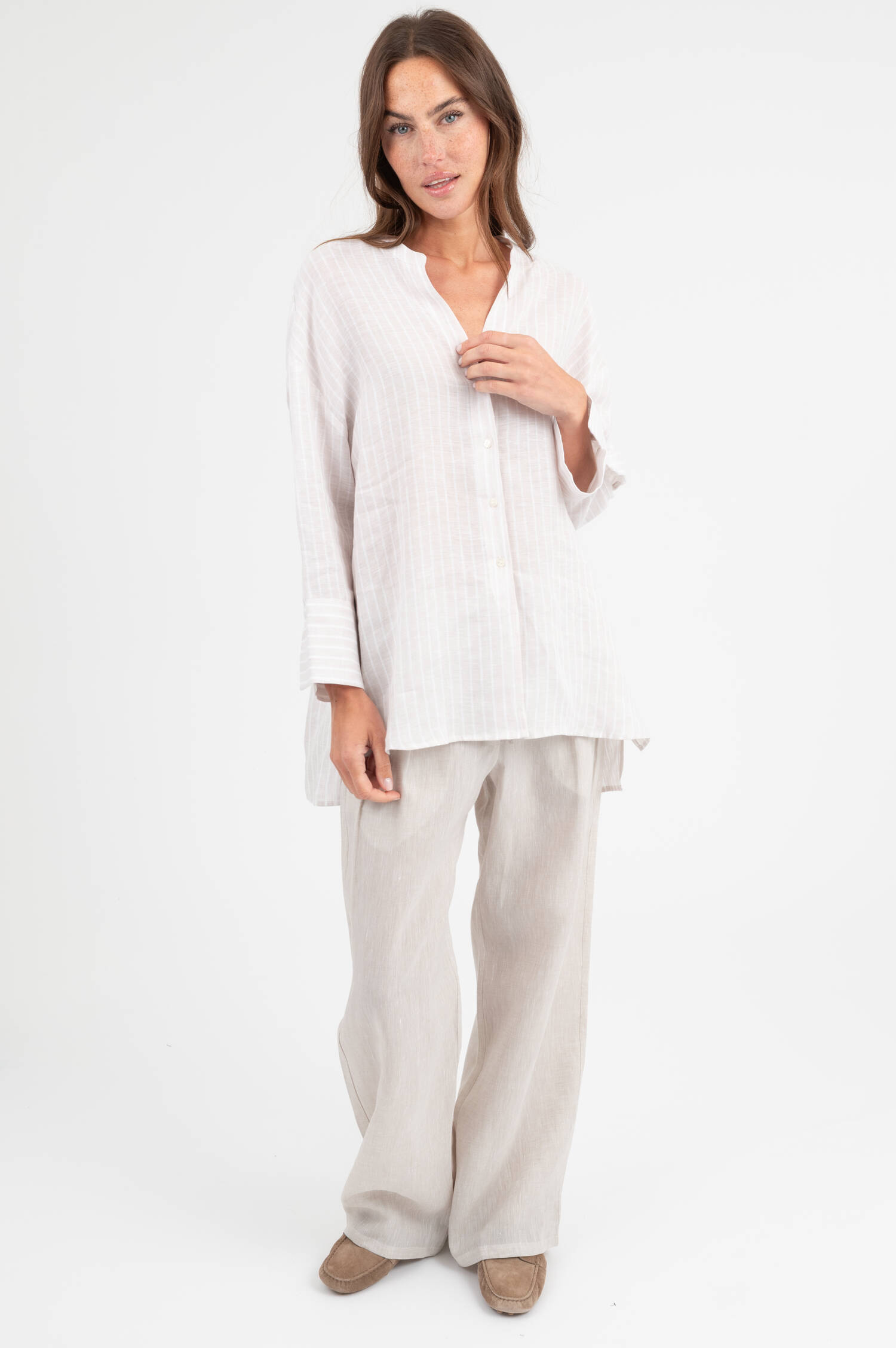 Leinenbluse in Beige/Weiß gestreift