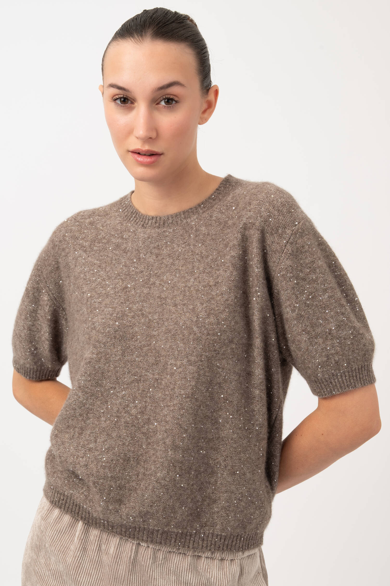 Pullover mit Paillettendetails in Beige meliert Pullover mit Paillettendetails in Beige meliert
