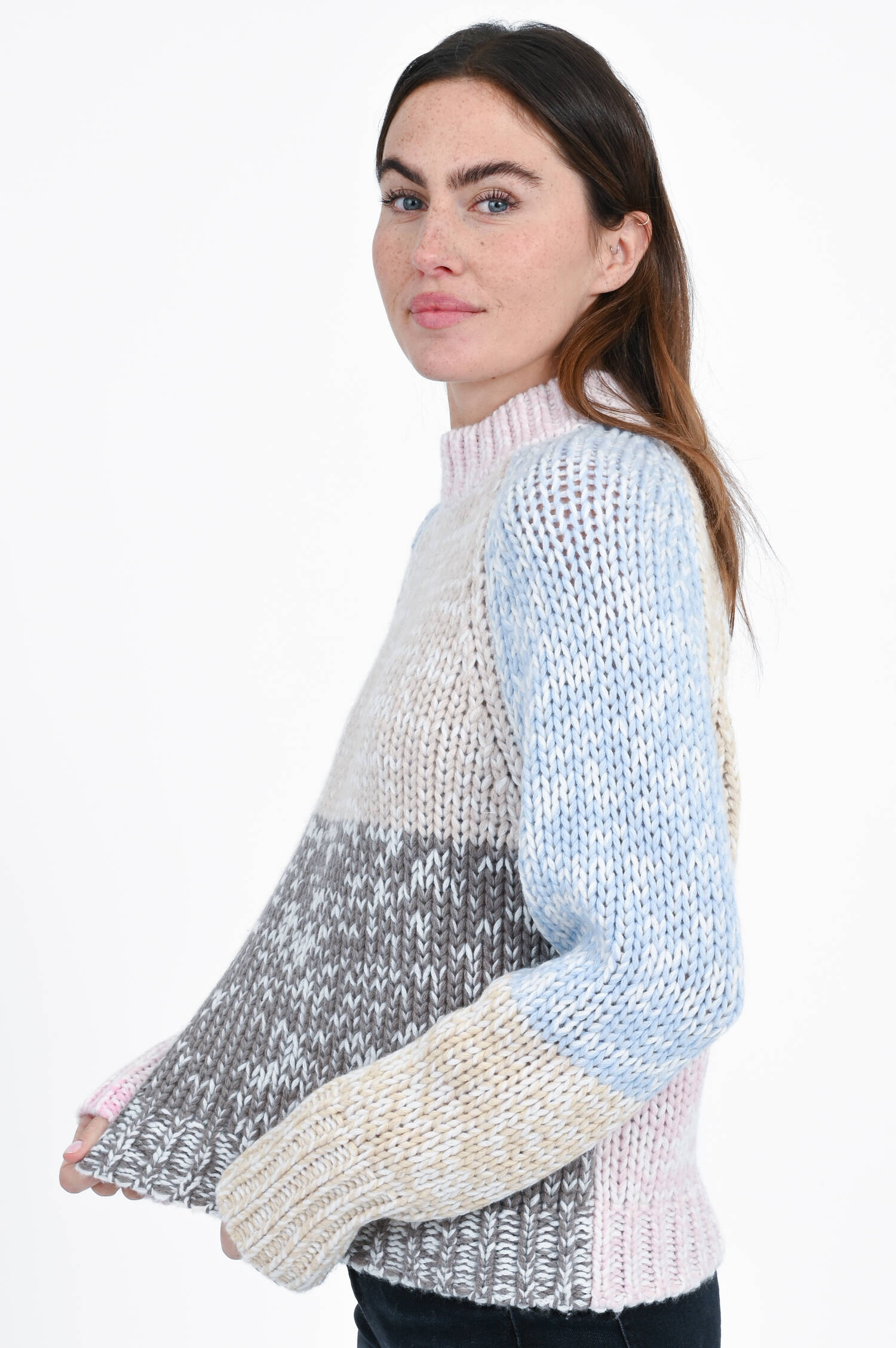 Cashmere-Strickpullover in Rosa/Blau/Beige