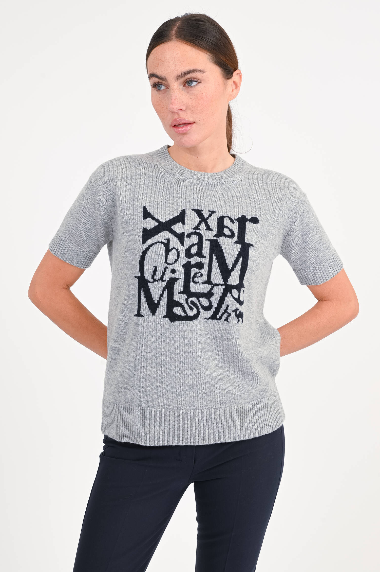 Kurzarm-Woll-Pullover FELICIA in Grau