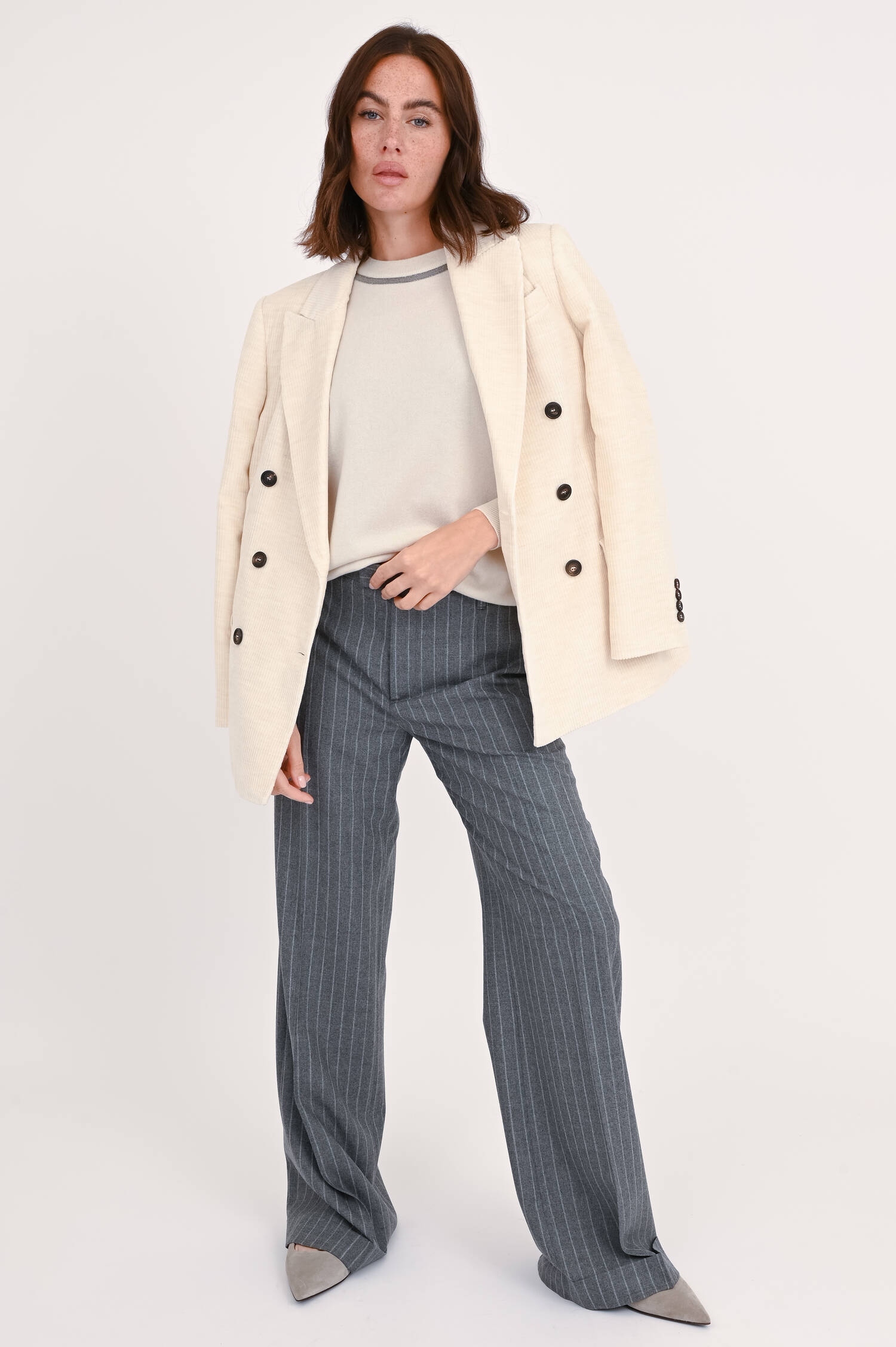 Zweireihiger Cord-Blazer in Creme