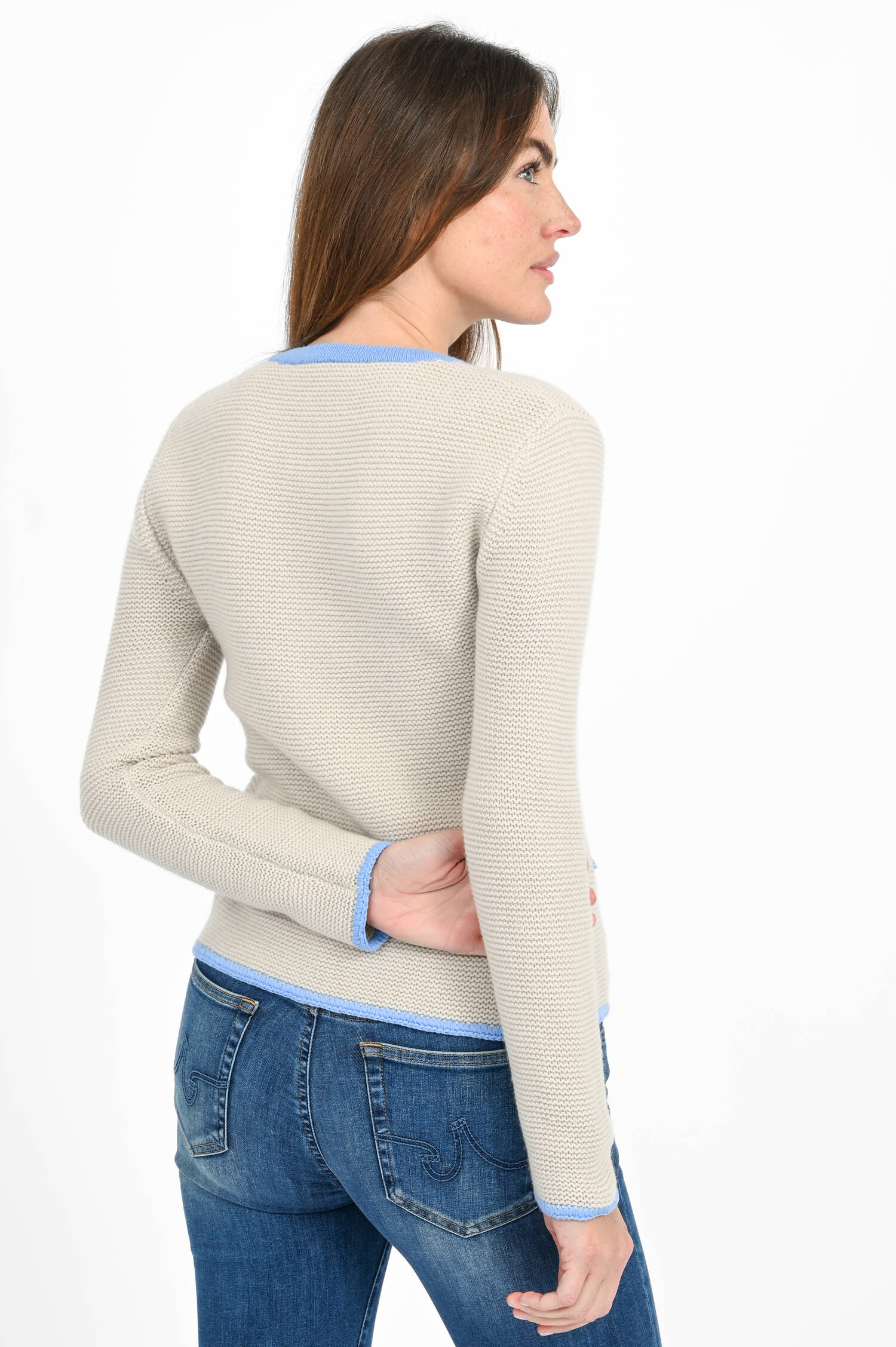 Woll-Strickjacke in Beige/Blau Woll-Strickjacke in Beige/Blau