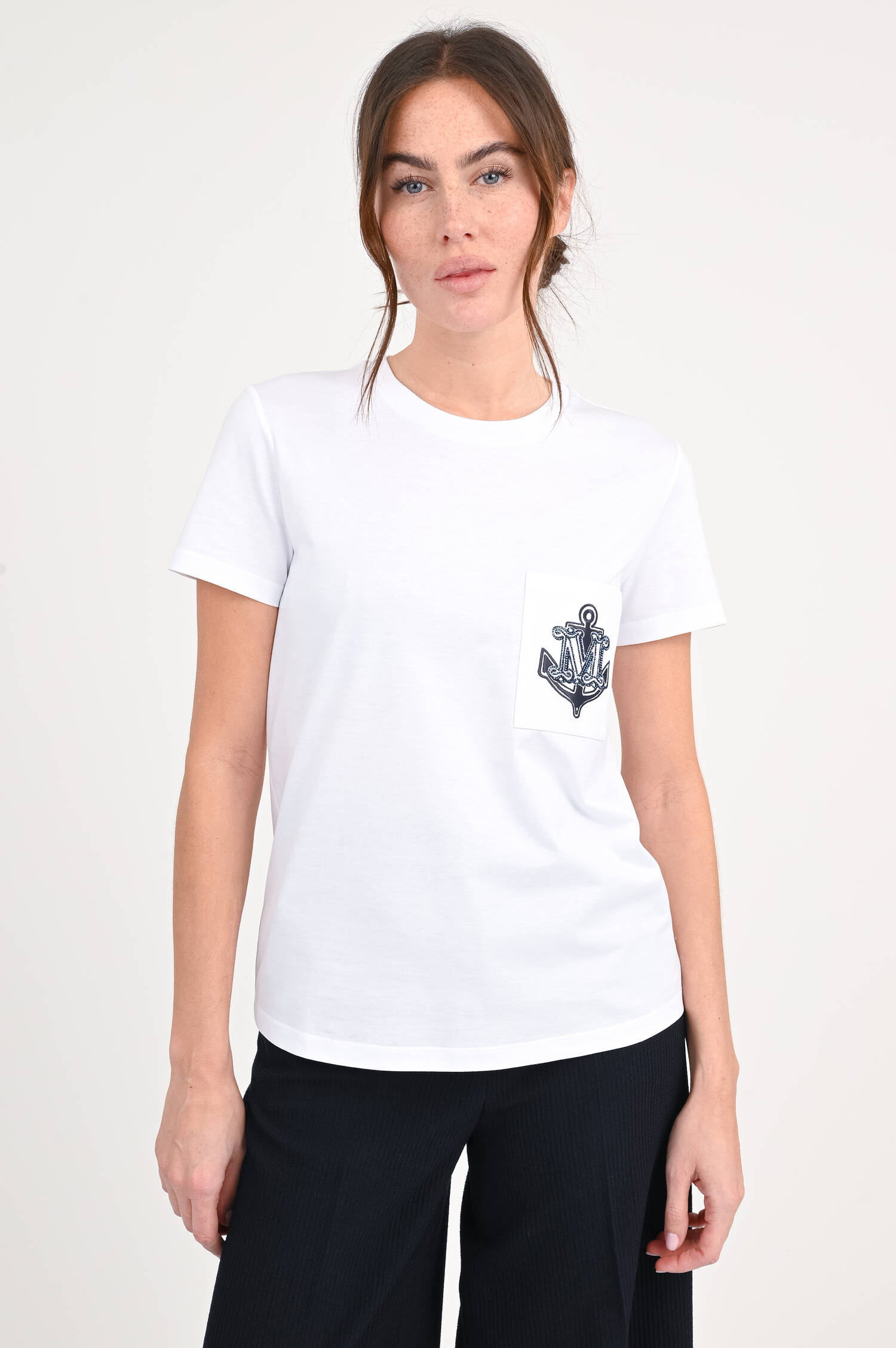 T-Shirt mit Anker-Stickerei in Weiß/Navy