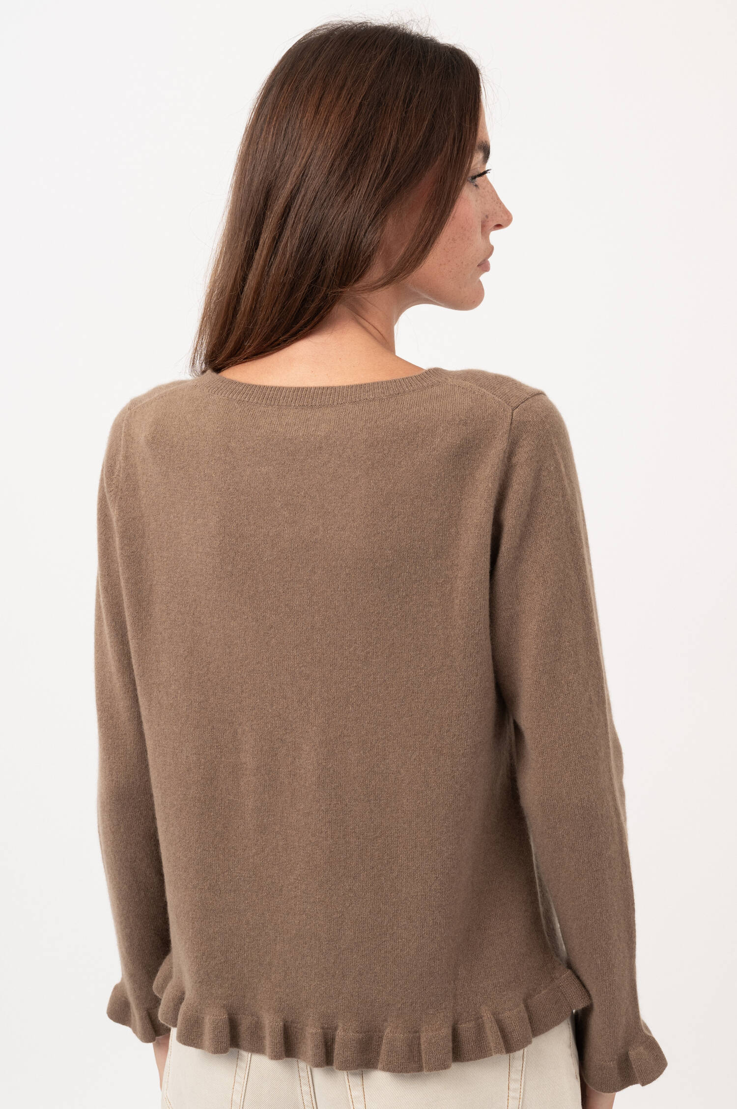 Cashmere-Pullover mit Rüschen in Braun