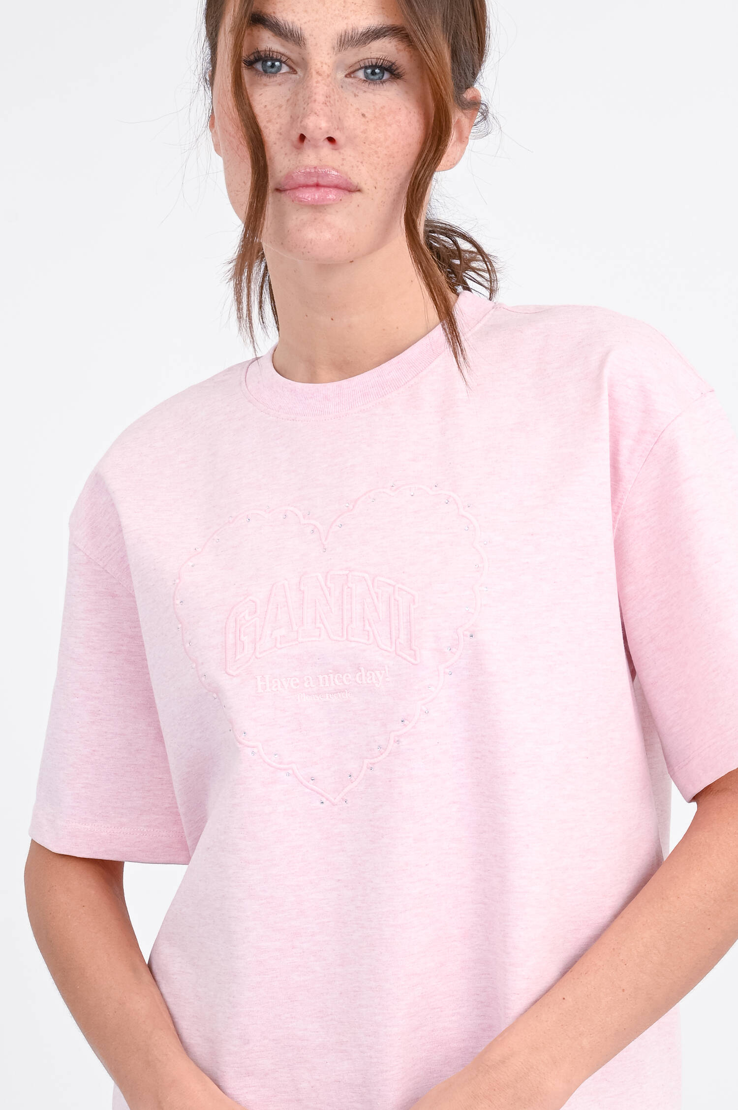 T-Shirt mit Herz-Stickerei in Rosa