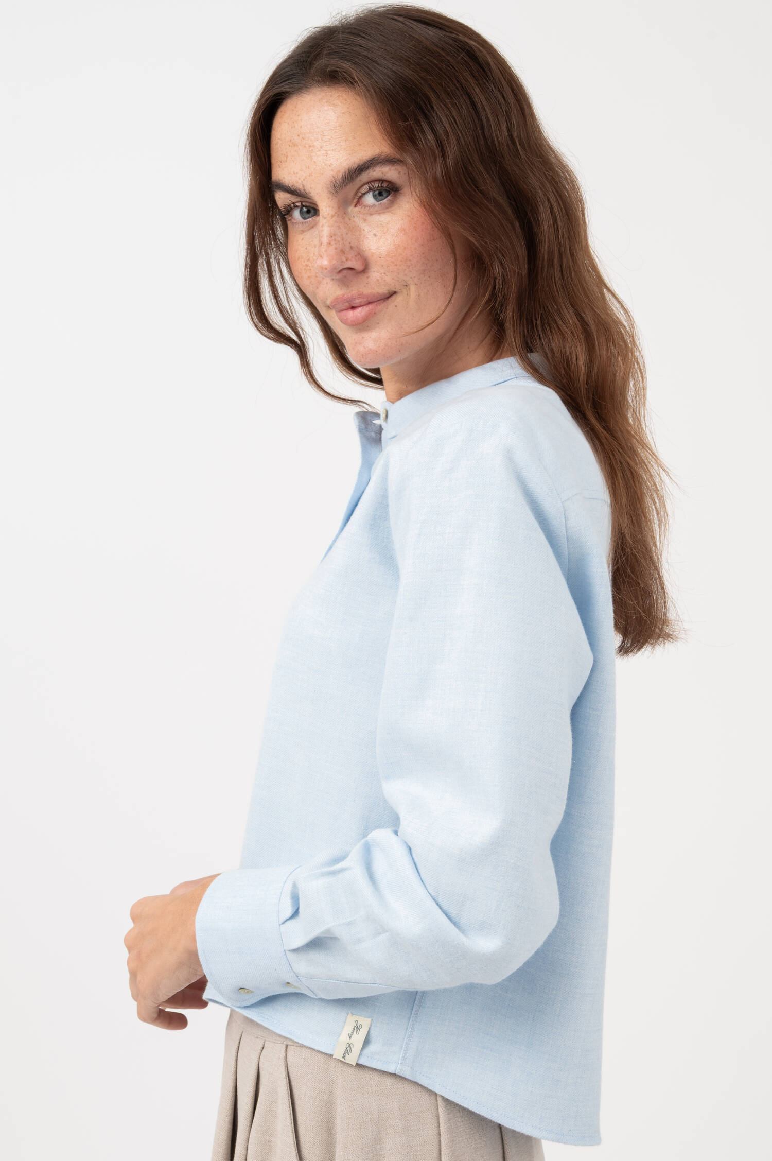 Cropped Bluse aus Baumwollflanell in Pastellblau Cropped Bluse aus Baumwollflanell in Pastellblau