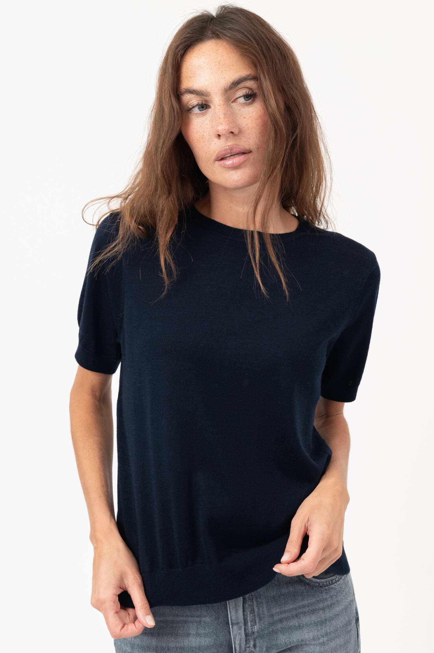 Kurzarm-Woll-Pullover in Navy