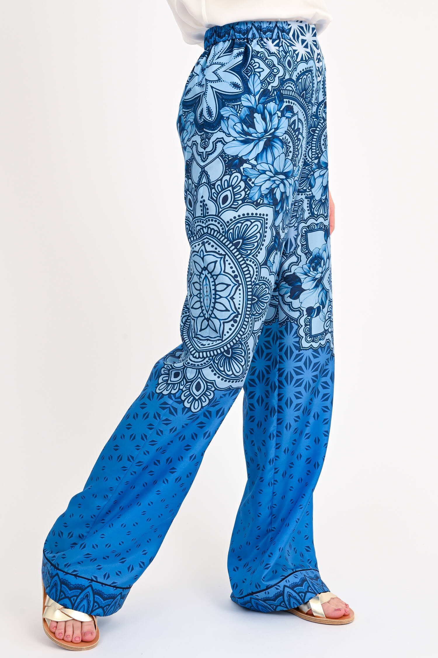 Seiden Hose mit All-Over-Print in Blau