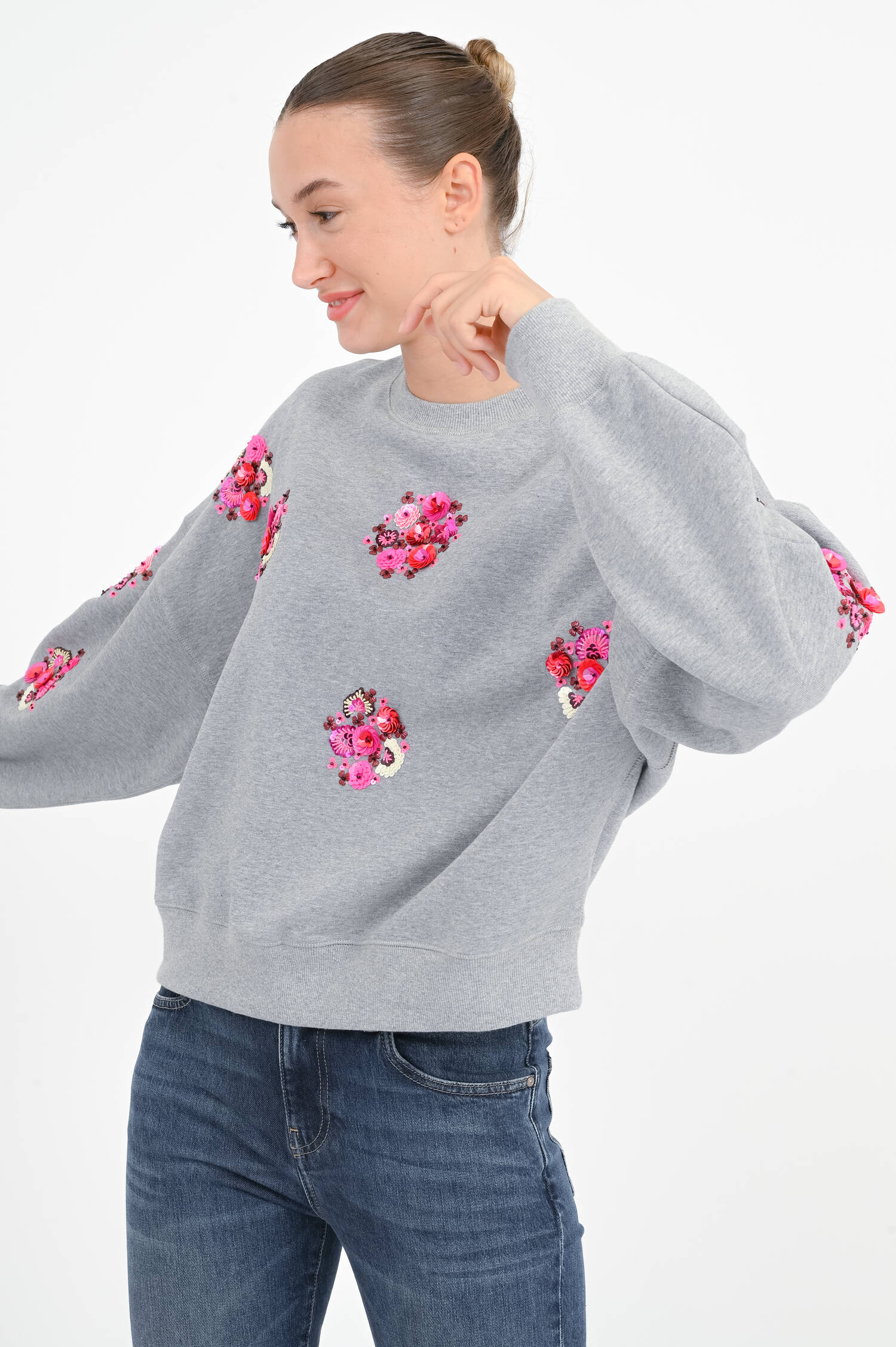 Sweatshirt mit Blüten-Details in Grau/Pink