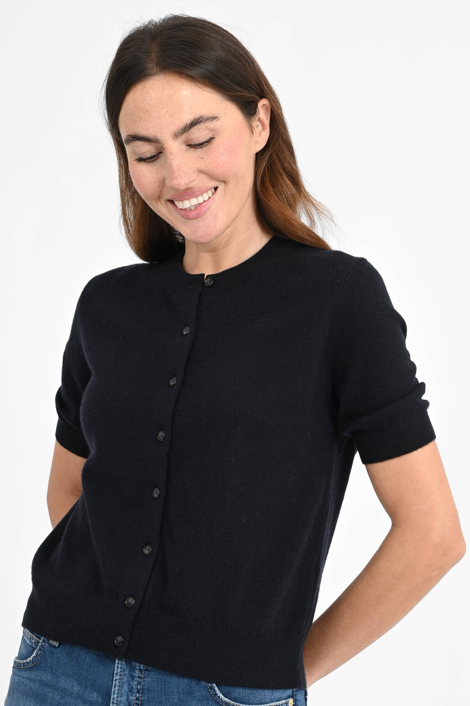 Kurzarm-Strickjacke aus Cashmere in Deep Navy Kurzarm-Strickjacke aus Cashmere in Deep Navy