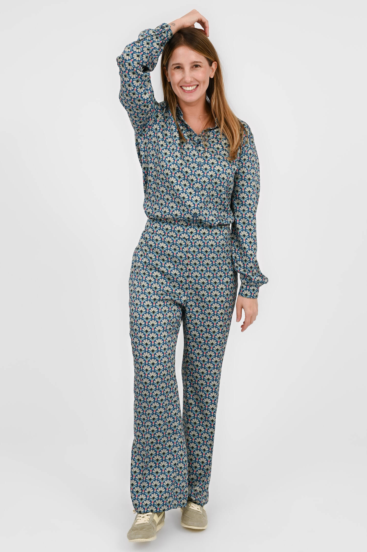 Straight-Leg-Pants in Blau/Grün/Weiß