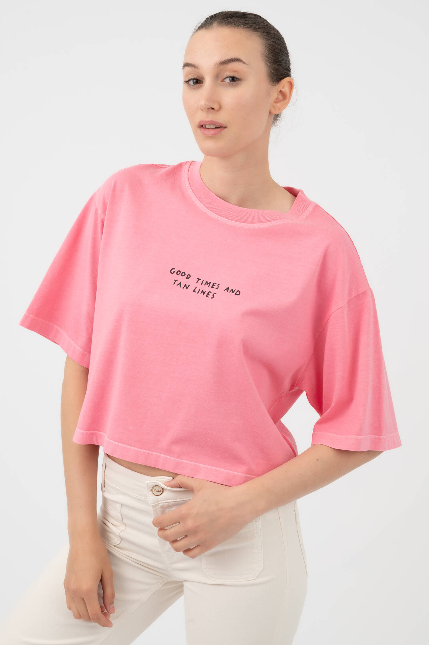 Cropped Boxy T-Shirt GOOD TIMES in Peonypink Cropped Boxy T-Shirt GOOD TIMES in Peonypink