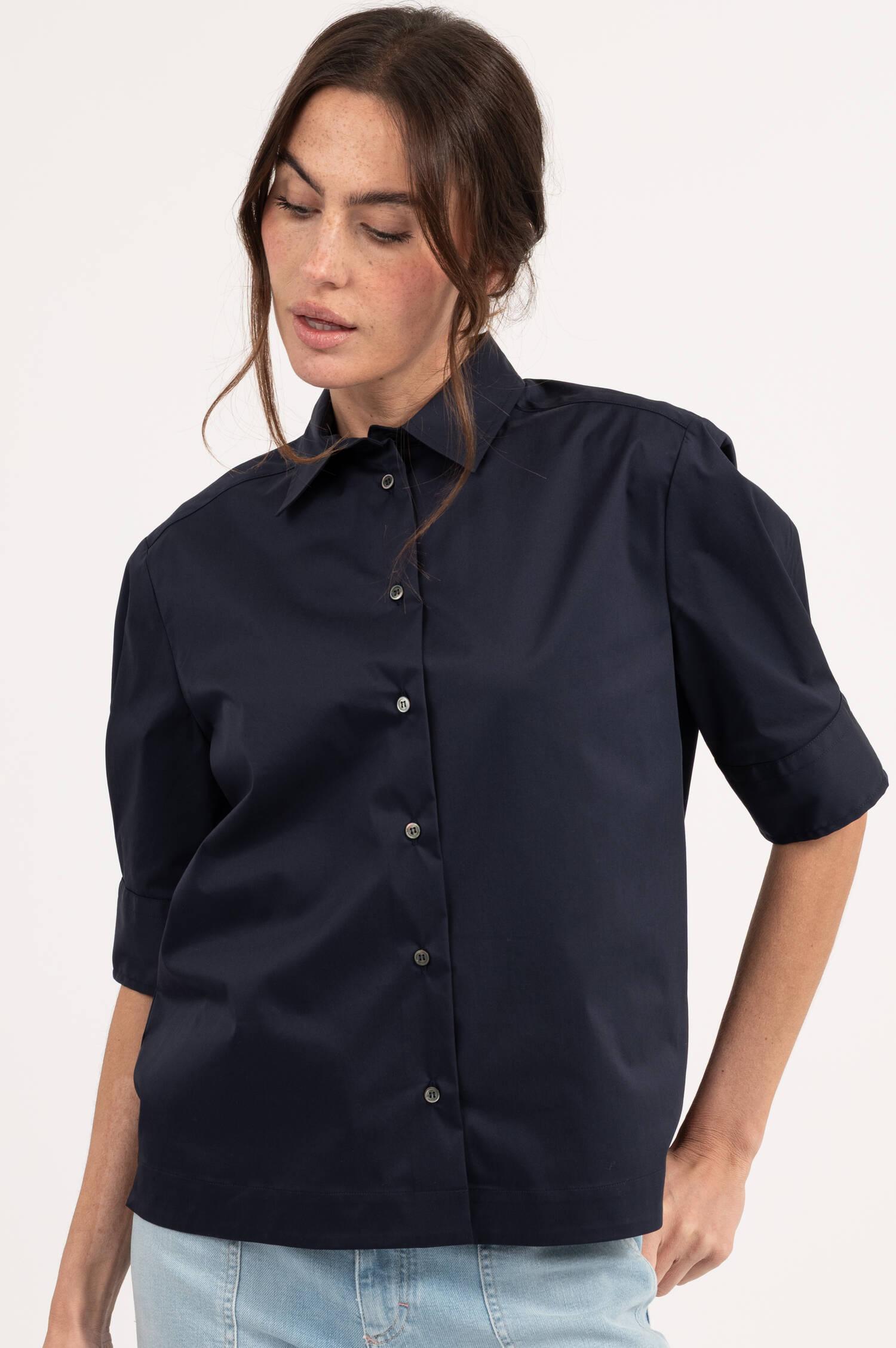 Kurzarm Bluse in Dunkelblau