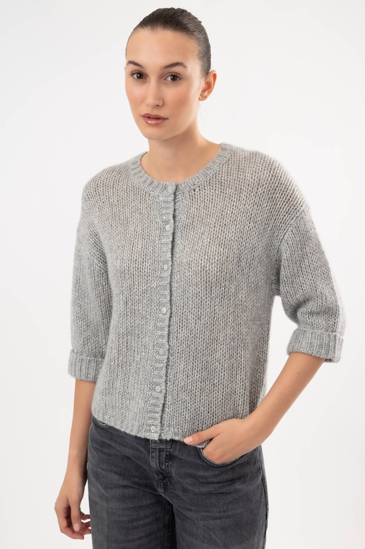 Cashmere-Seiden-Cardigan mit Pailletten in Grau Cashmere-Seiden-Cardigan mit Pailletten in Grau