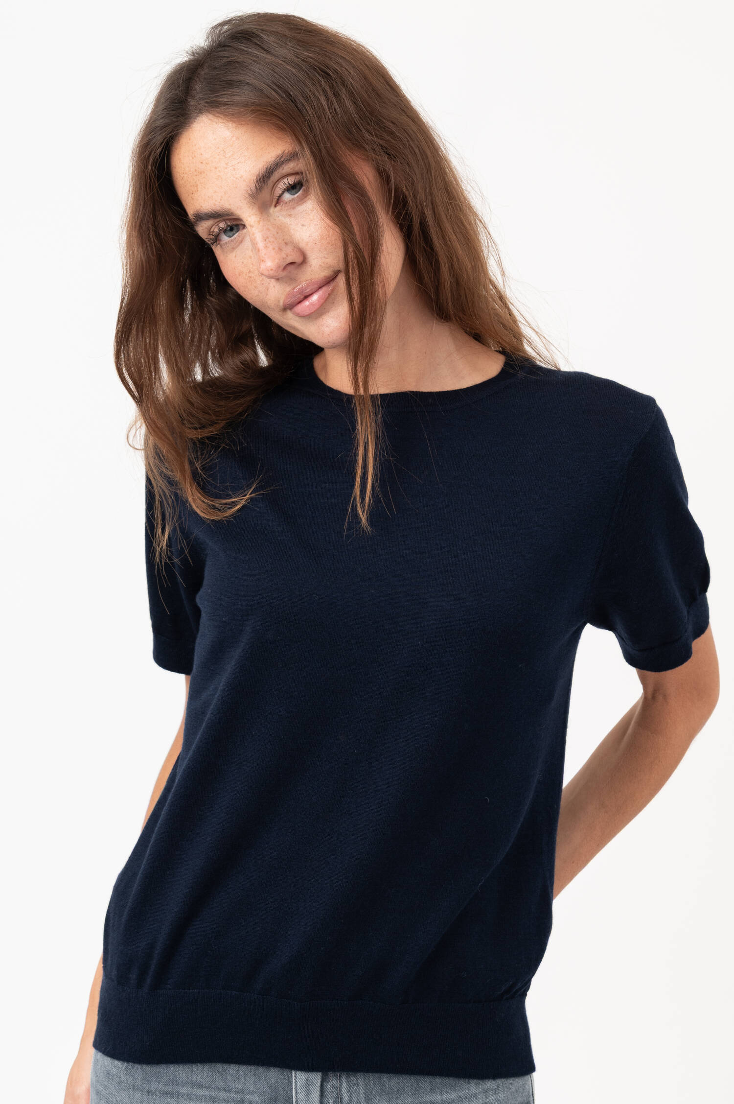 Kurzarm-Woll-Pullover in Navy Kurzarm-Woll-Pullover in Navy