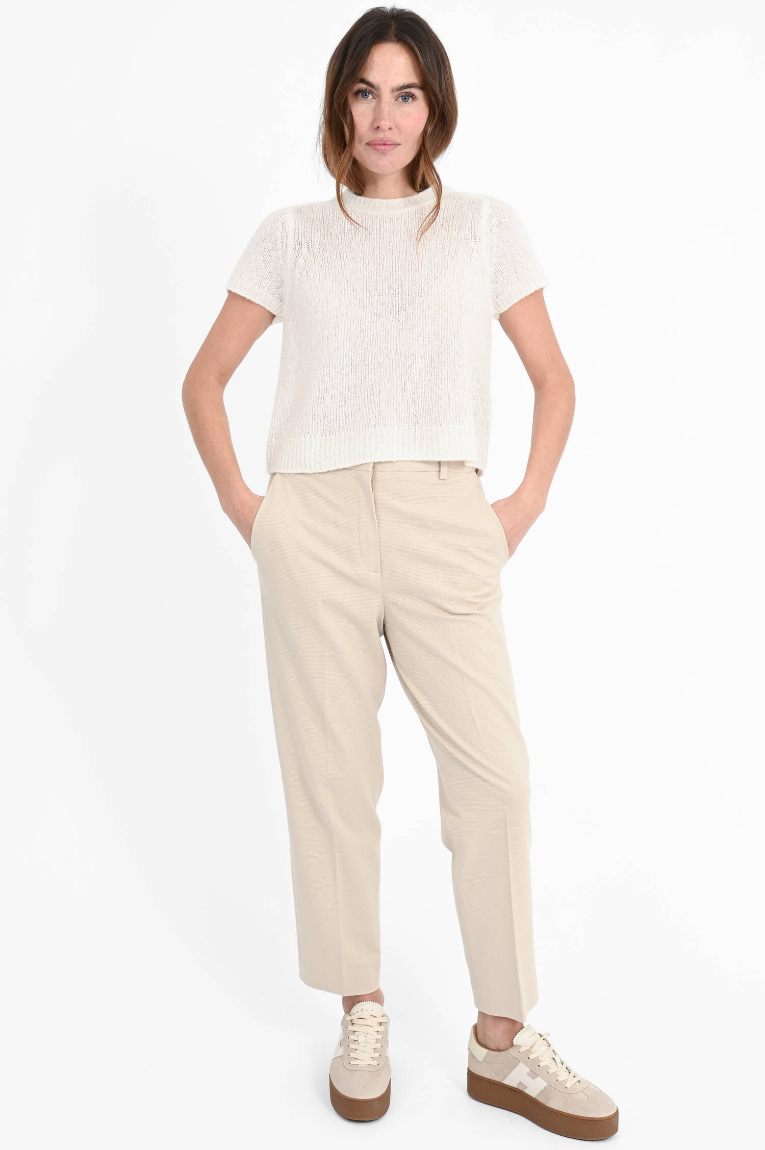 Kurzarm Pullover aus Cashmere-Seiden-Mix in Creme