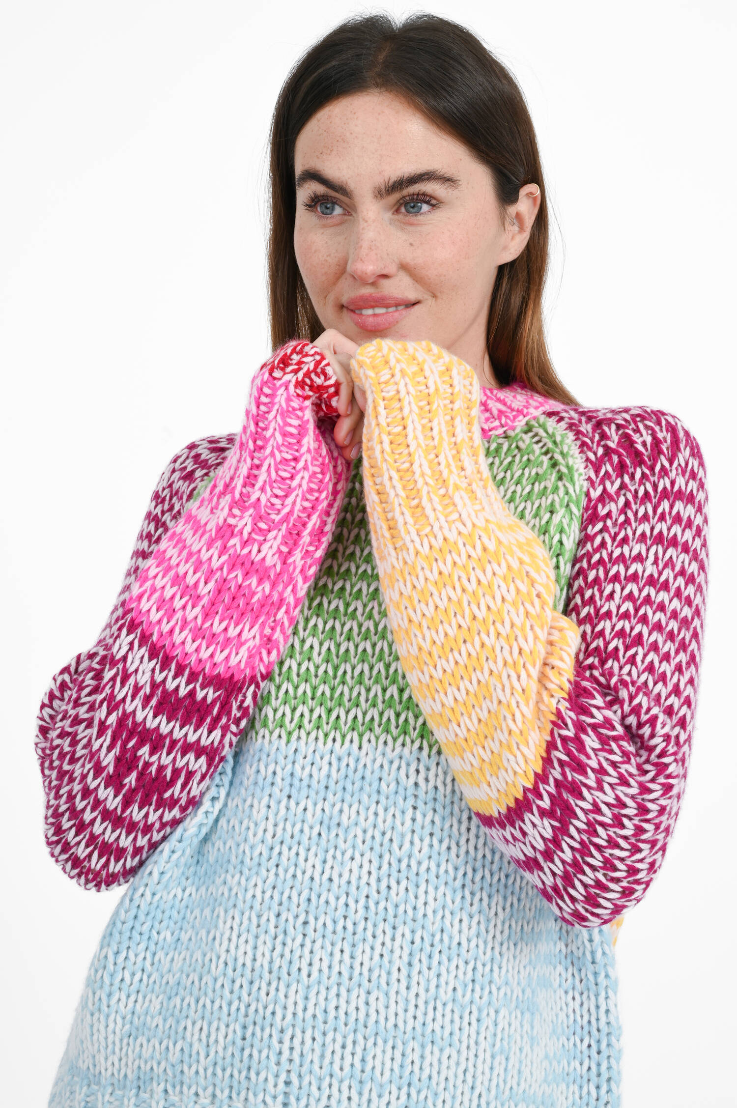 Cashmere-Strickpullover in Grün/Blau/Pink