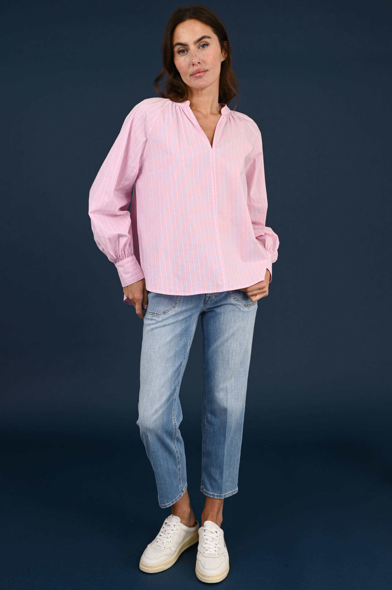 Schlupfbluse in Pink/Blau/Weiß gestreift