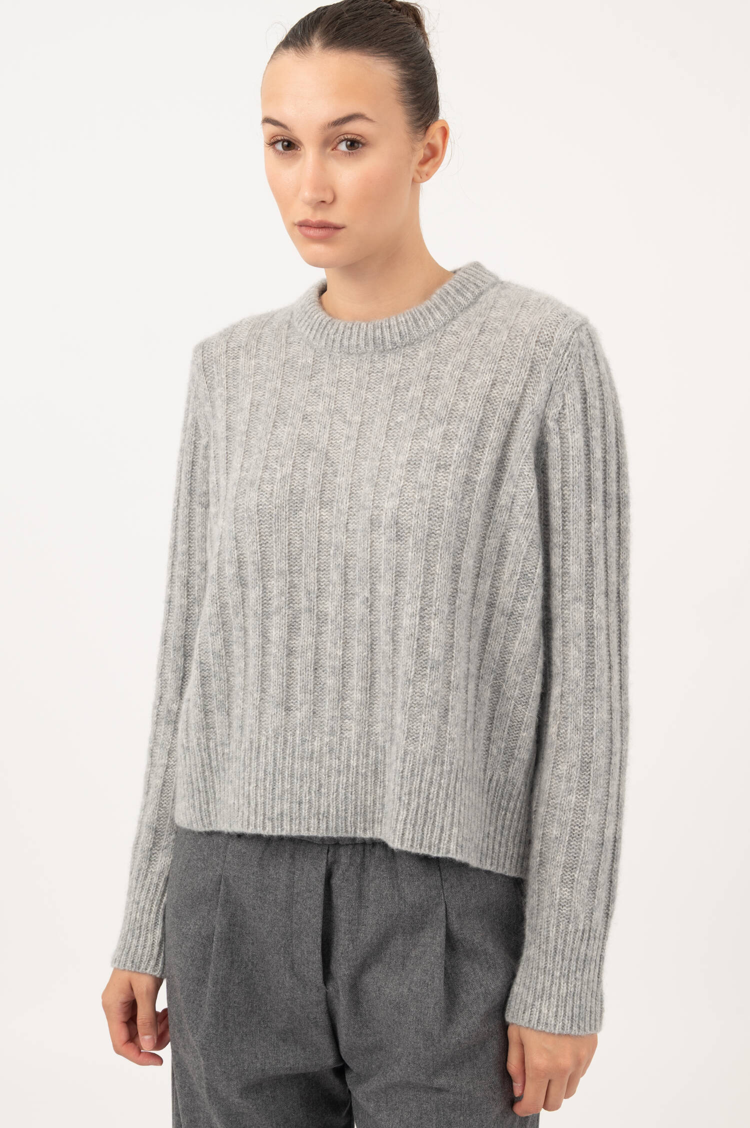 Cashmere-Seiden Rippstrick Pullover in Grau