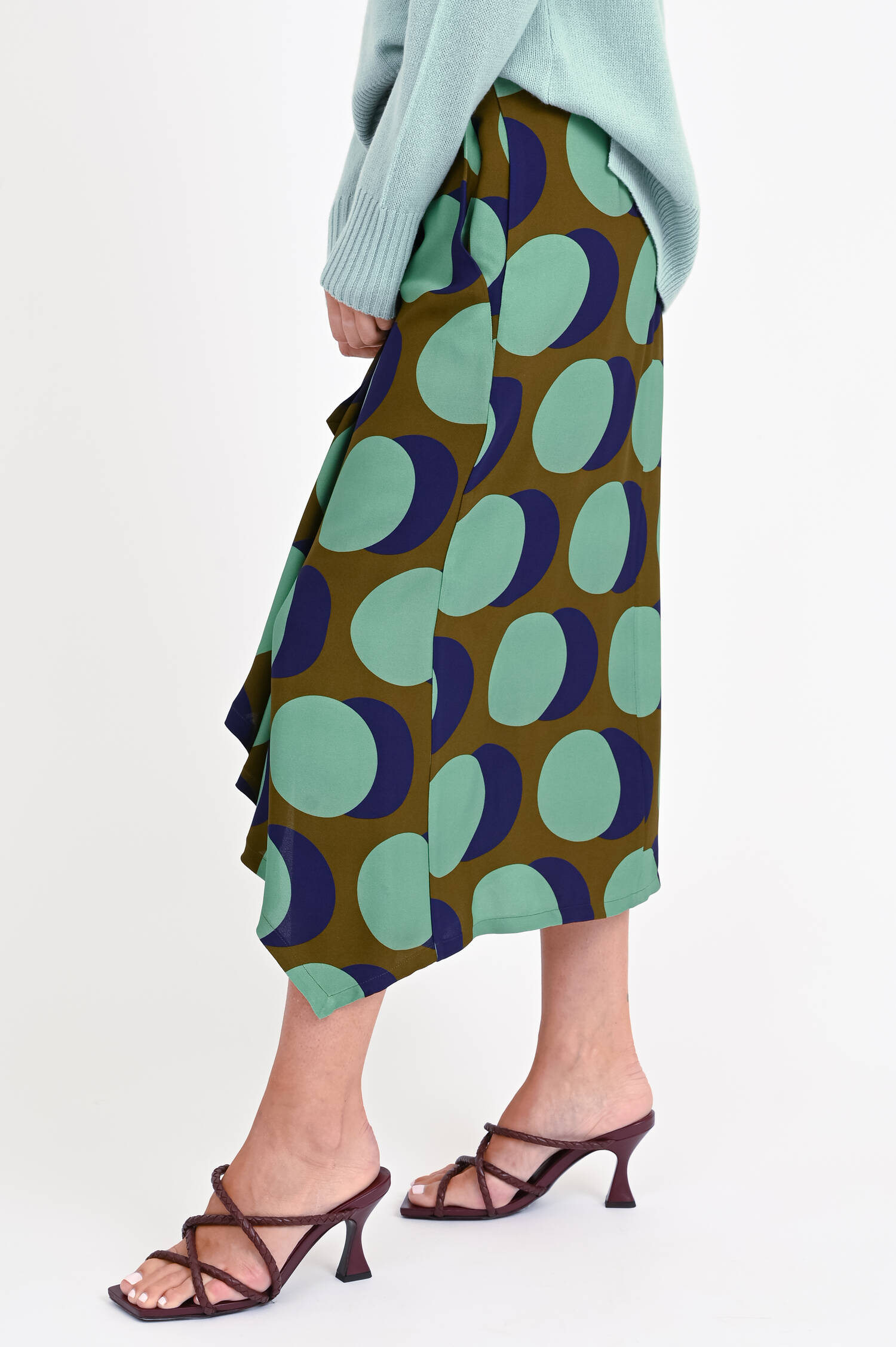 Midi-Rock mit Volants in Oliv/Grün/Blau