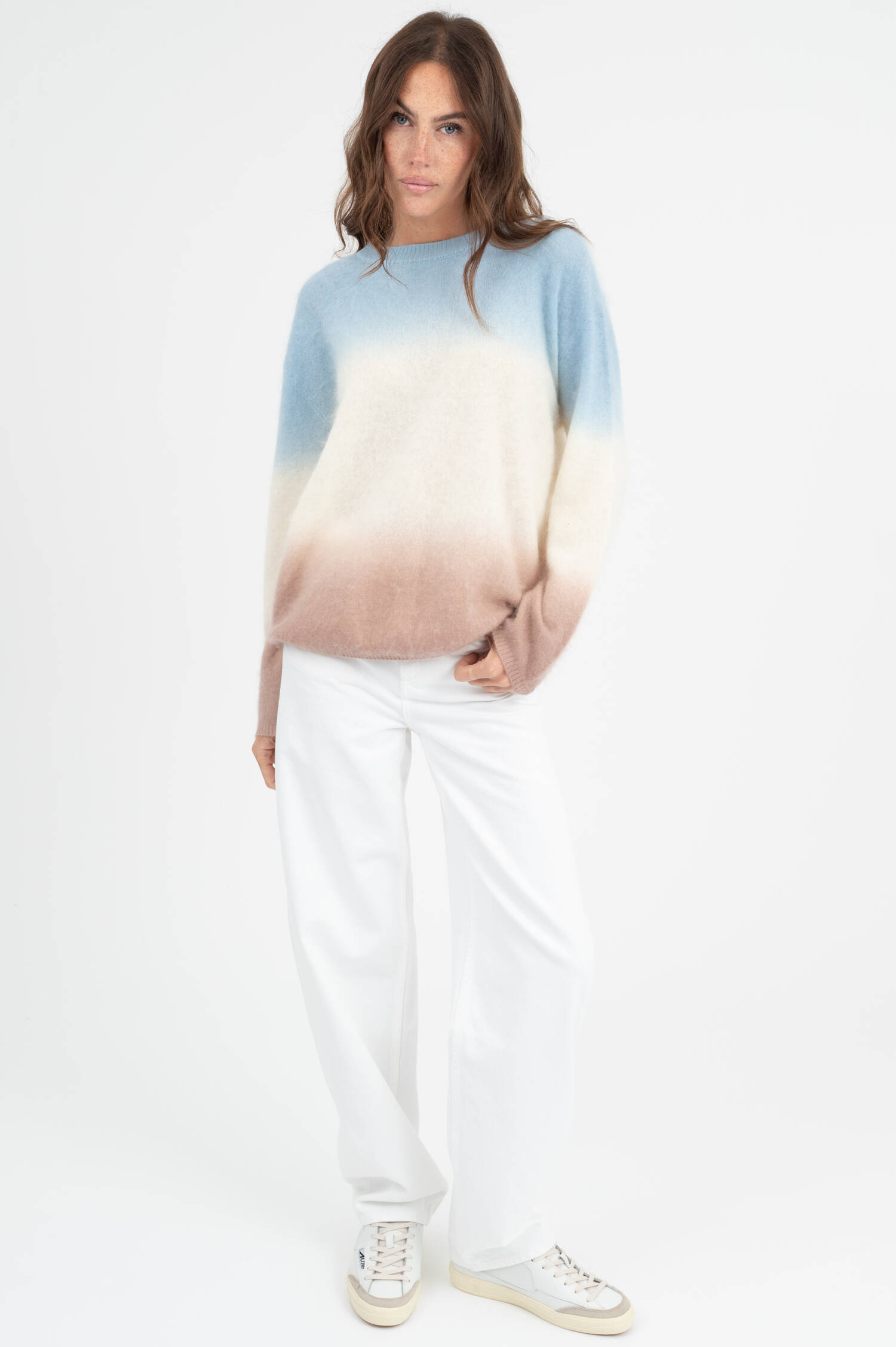 Woll-Cashmere Pullover in Blau/Weiß/Taupe
