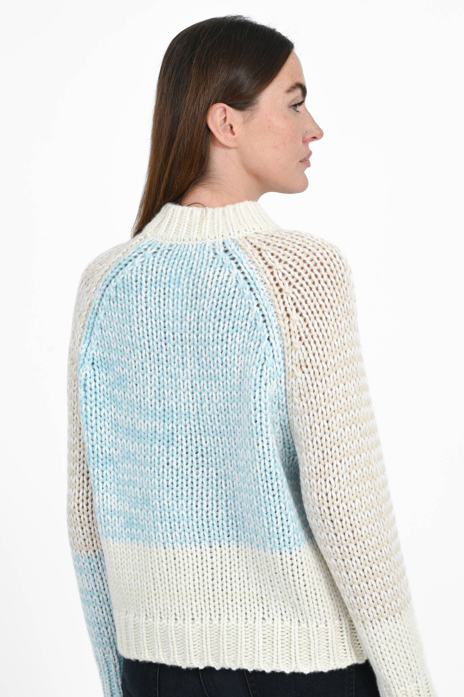 Cashmere-Strickpullover in Türkis/Creme/Braun