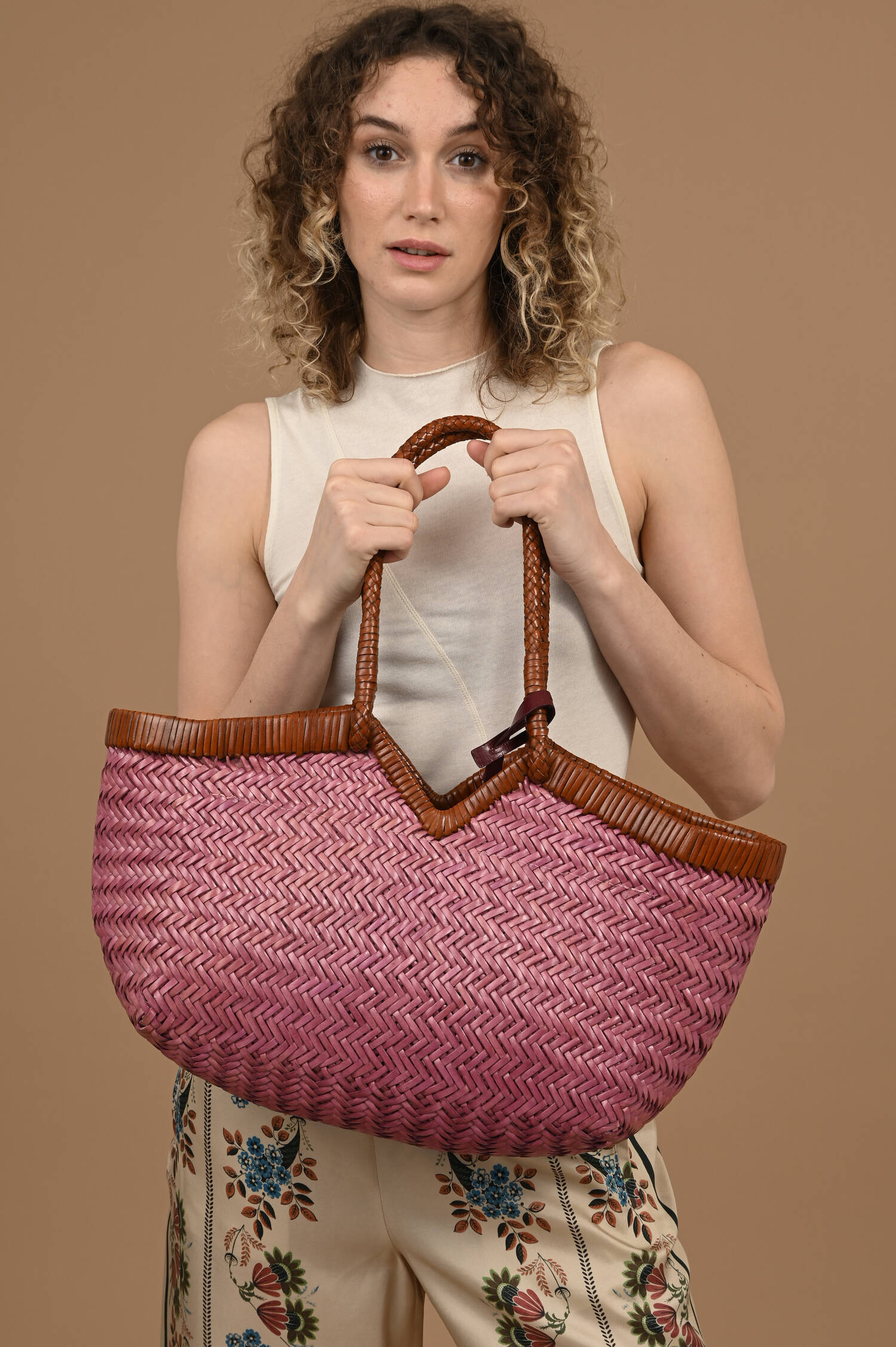 Leder Flecht Tote Bag CRUDELIA in Pink/Cognac