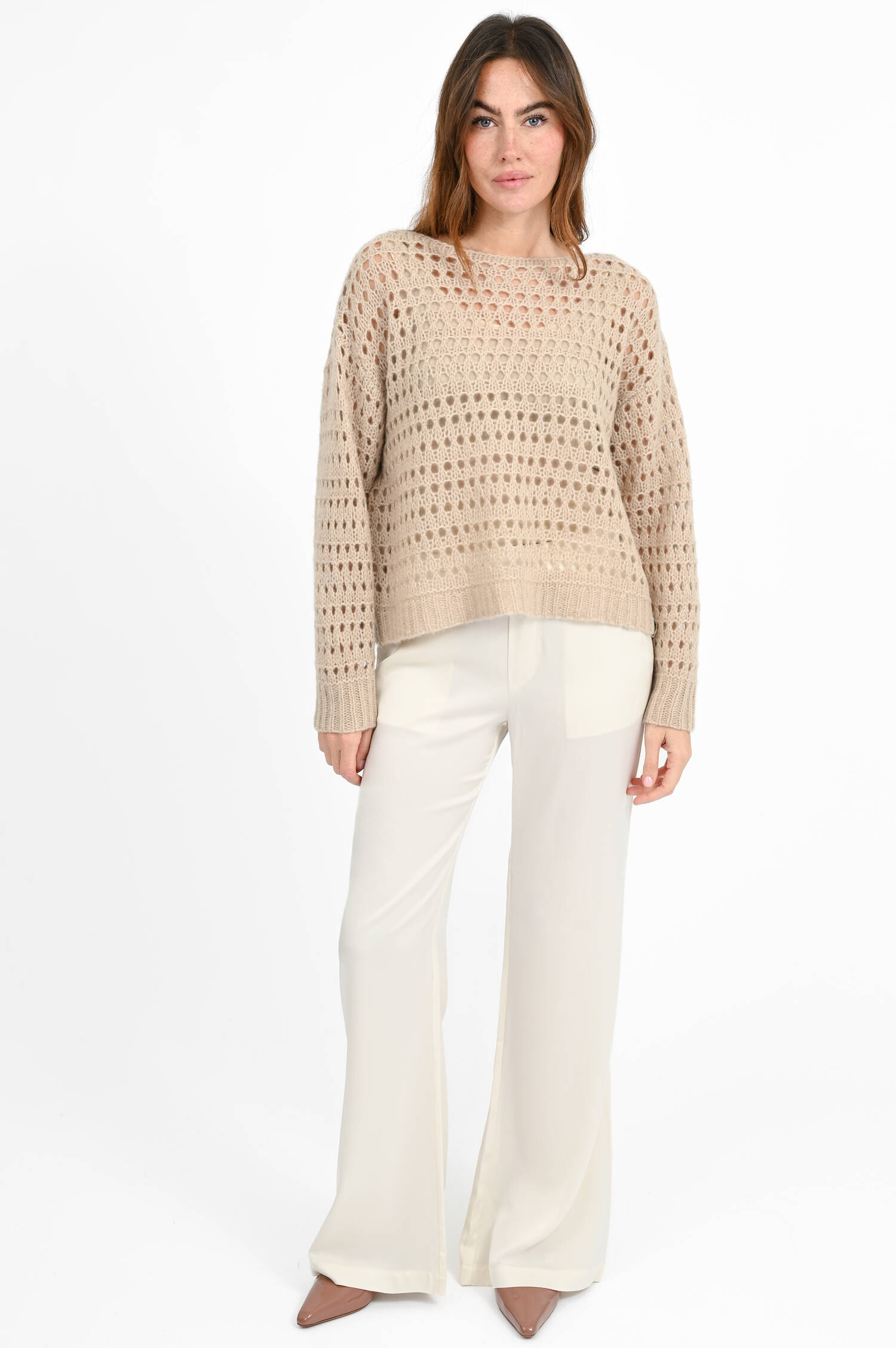 Lochstickerei-Pullover aus Cashmere-Mix in Beige