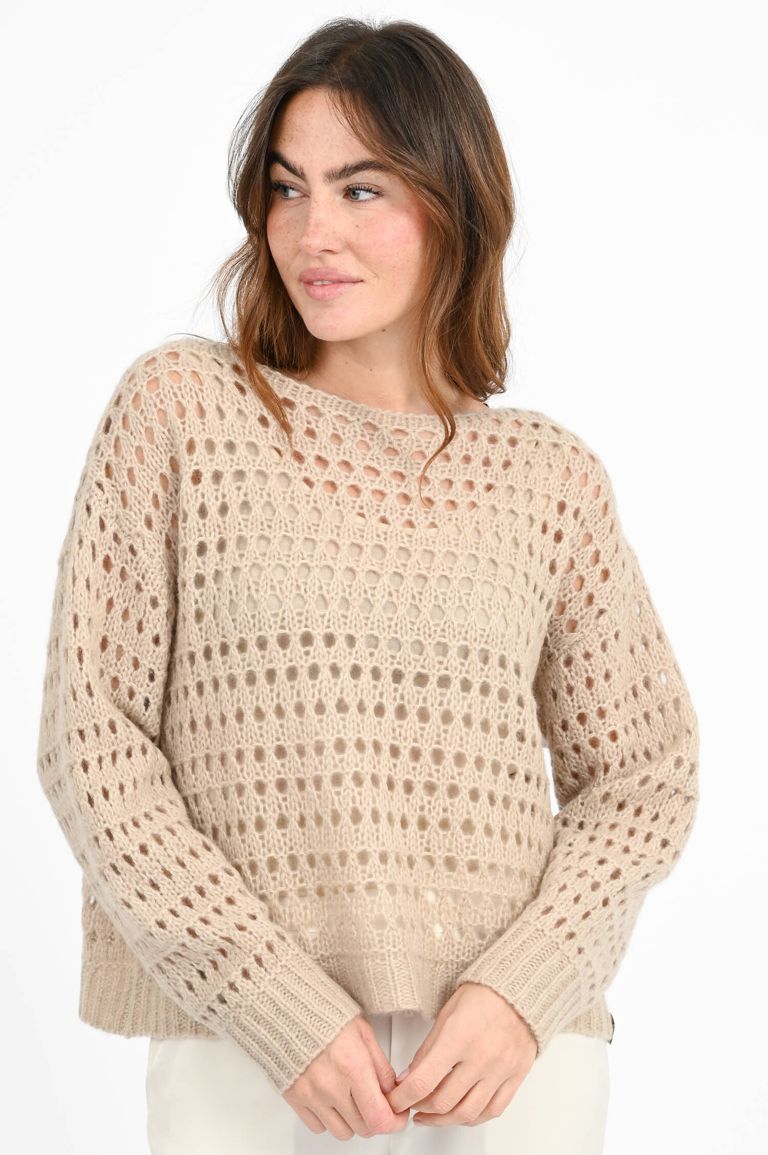 Lochstickerei-Pullover aus Cashmere-Mix in Beige