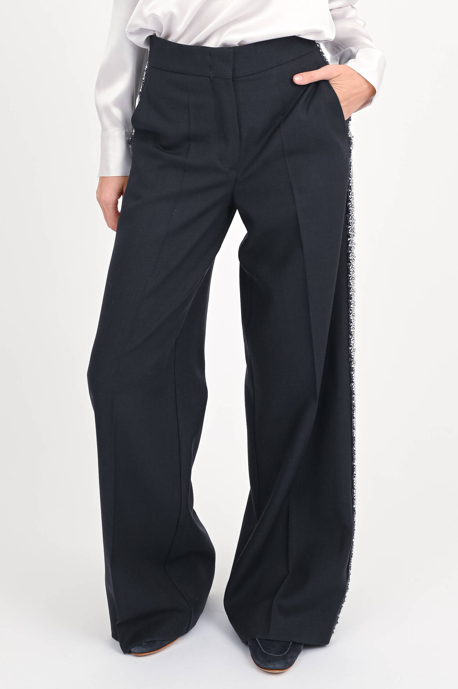 Hose aus Wolle mit Glitzersteinen in Navy