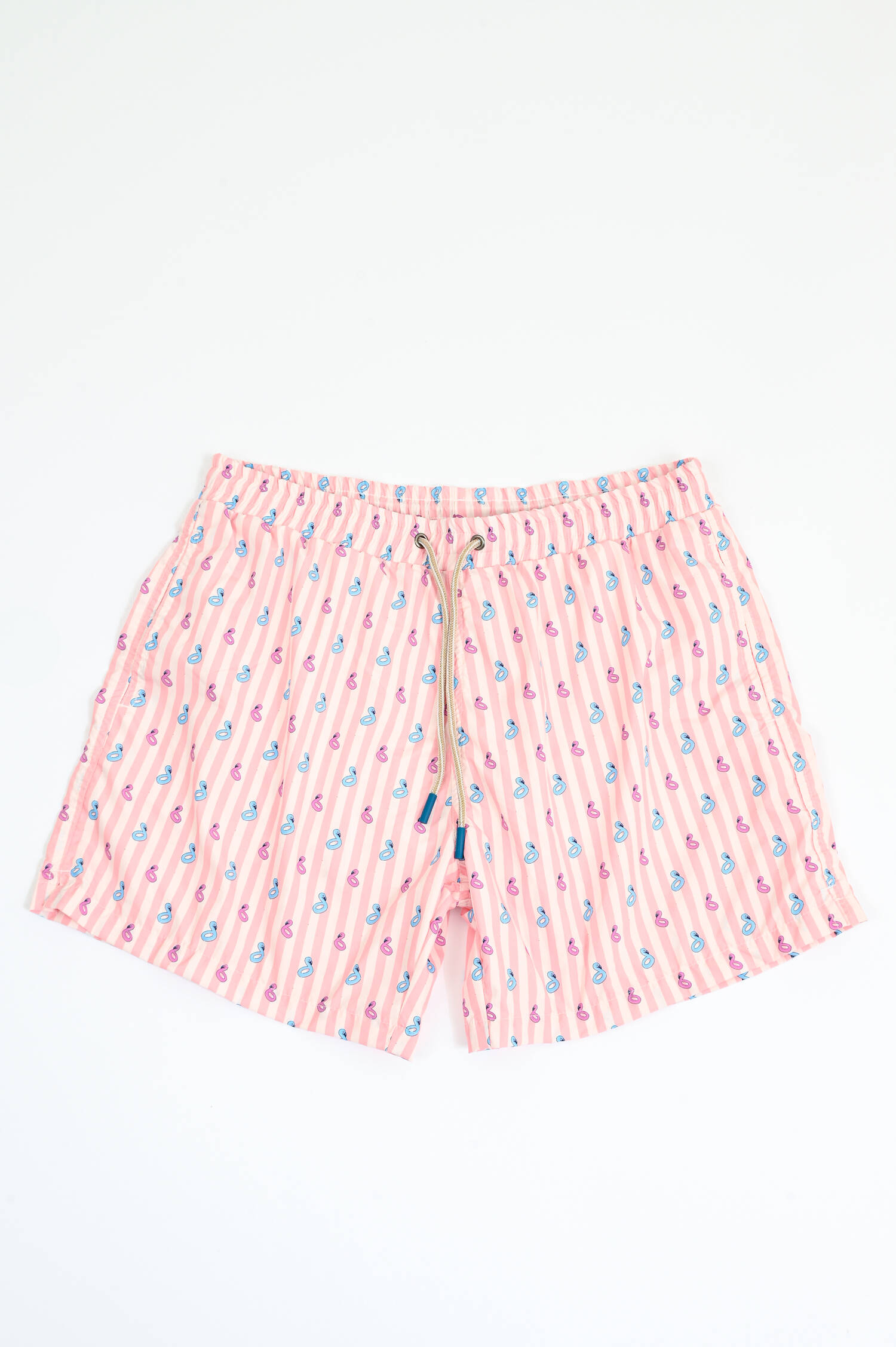 Gestreifte Badehose mit Flamingo-Print in Rosa