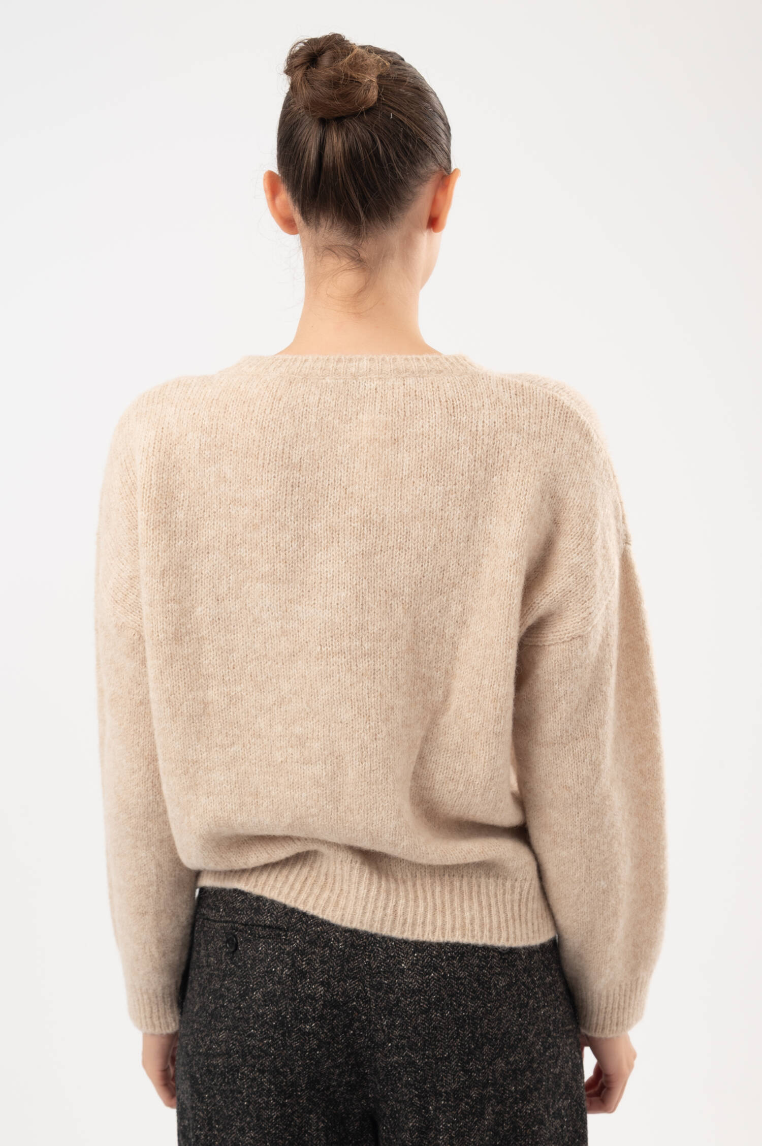 Alpaka-Mix-Pullover mit Blumenstickerei in Beige