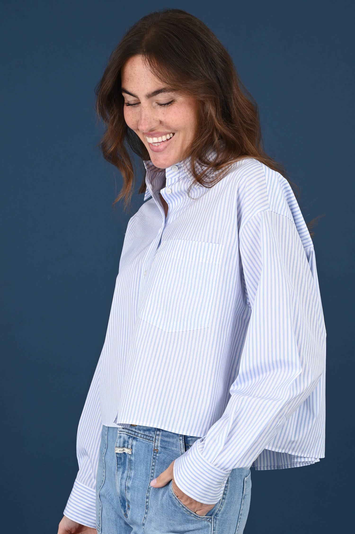 Gestreifte Baumwoll Bluse EDEN in Azurblau