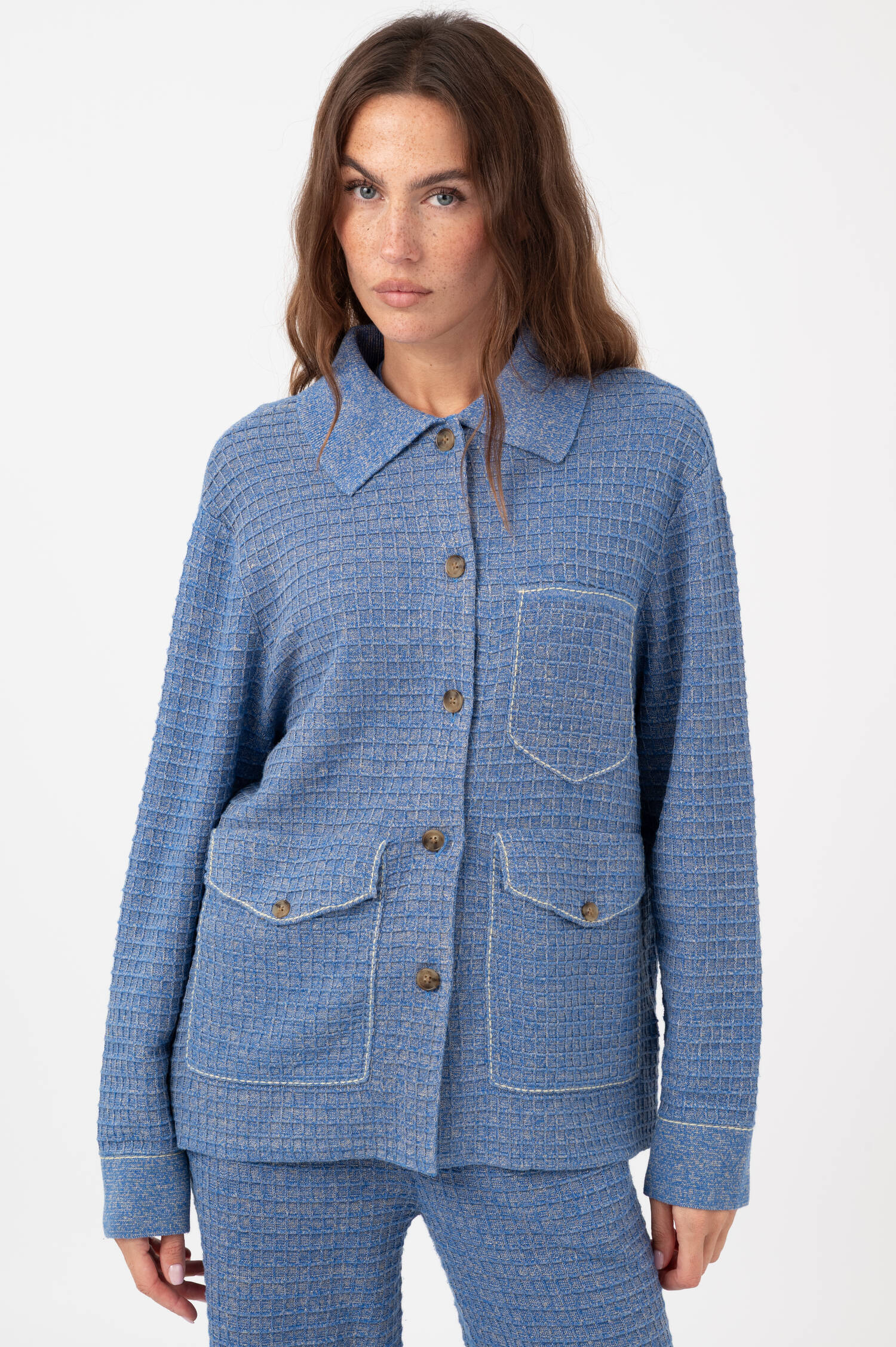 Waffelstrick Bluse in Blau/Gelb Waffelstrick Bluse in Blau/Gelb